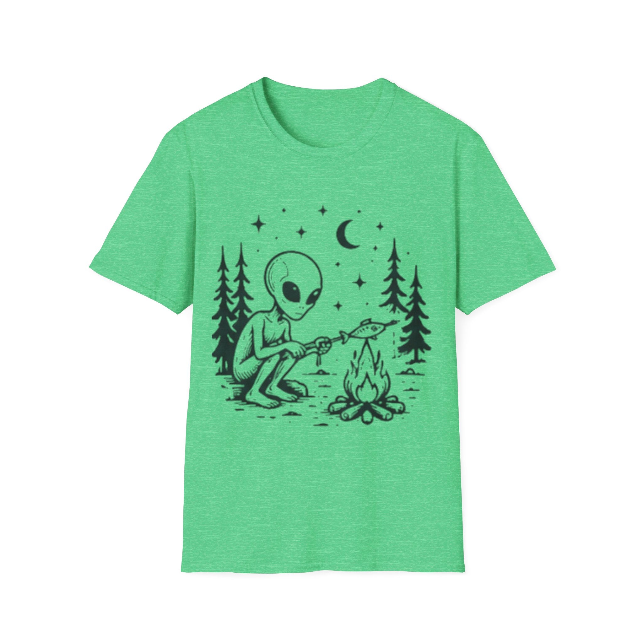 Alien Camping T-Shirt | Cute Space Alien Roasting Fish Graphic Tee