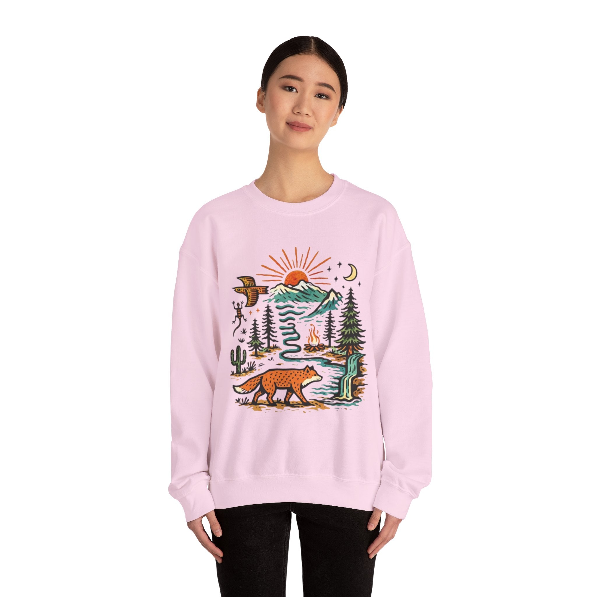 Nature Scene Crewneck Sweatshirt | Desert to Mountain Wildlife Graphic