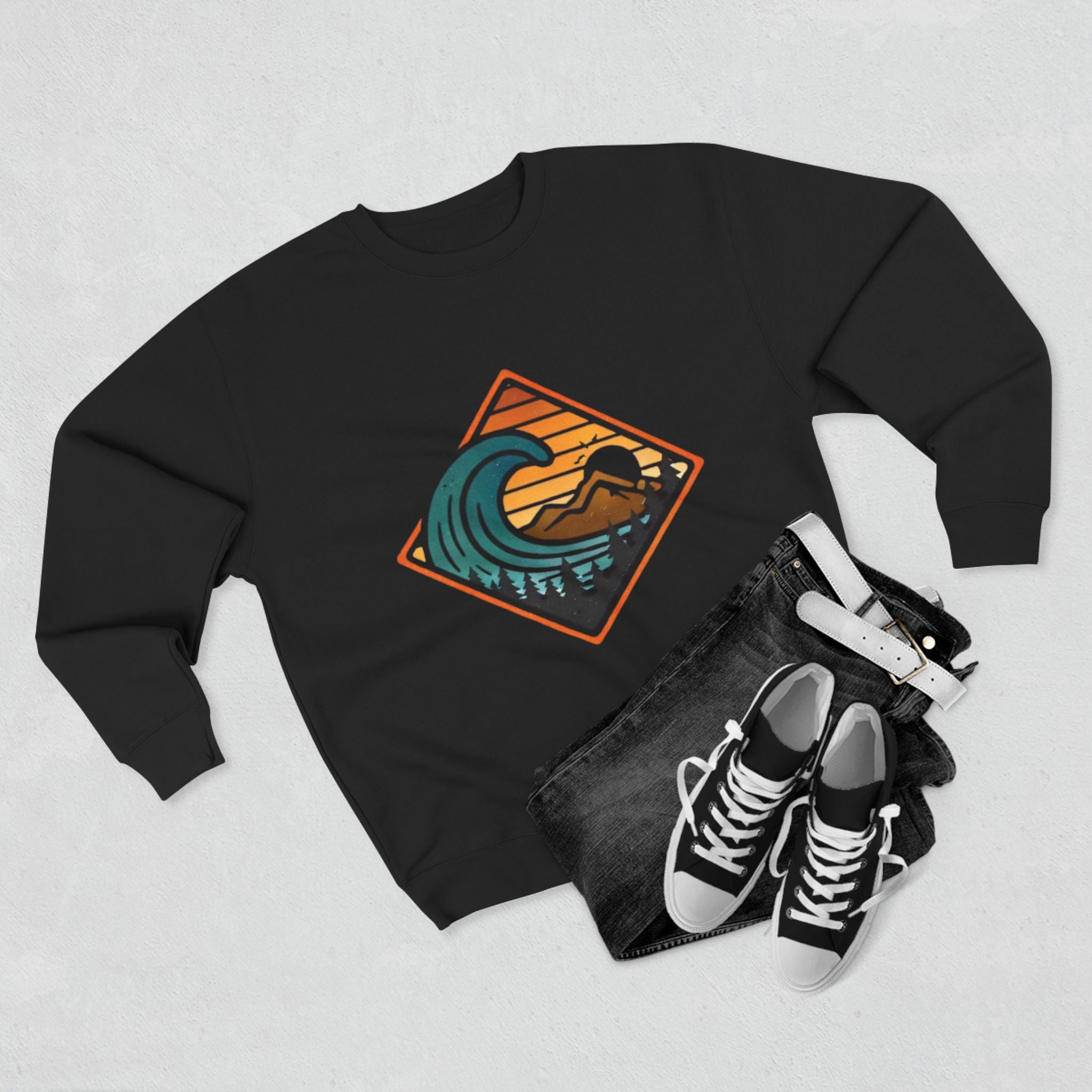 Surf Wave Mountain Badge sweatshirt | Retro Ocean Sunset Crewneck