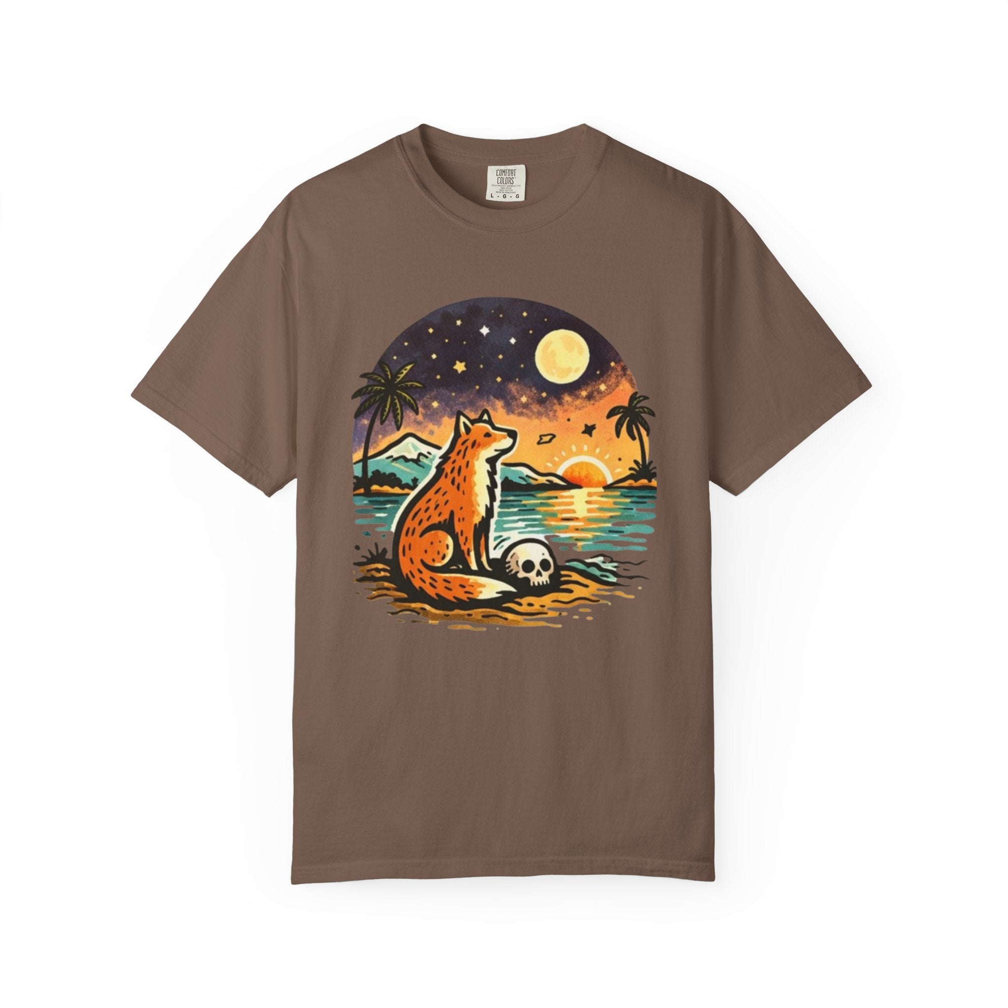 Fox Sunset T-Shirt - Beach Fox Graphic Tee with Skull, Moon & Palm Trees