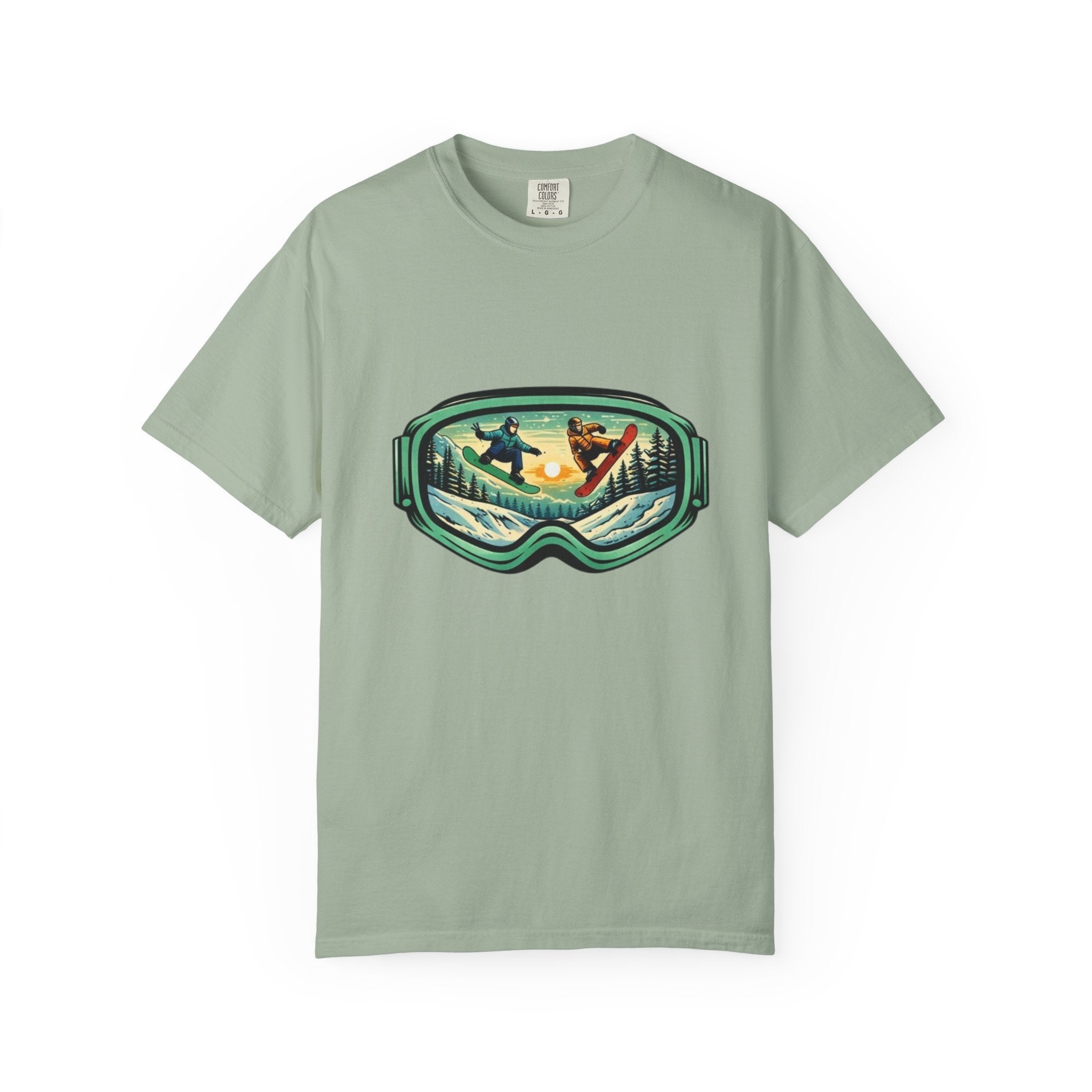 Snowboard Goggles Graphic T-Shirt | Mountain Scene with Ride the Ridge Design