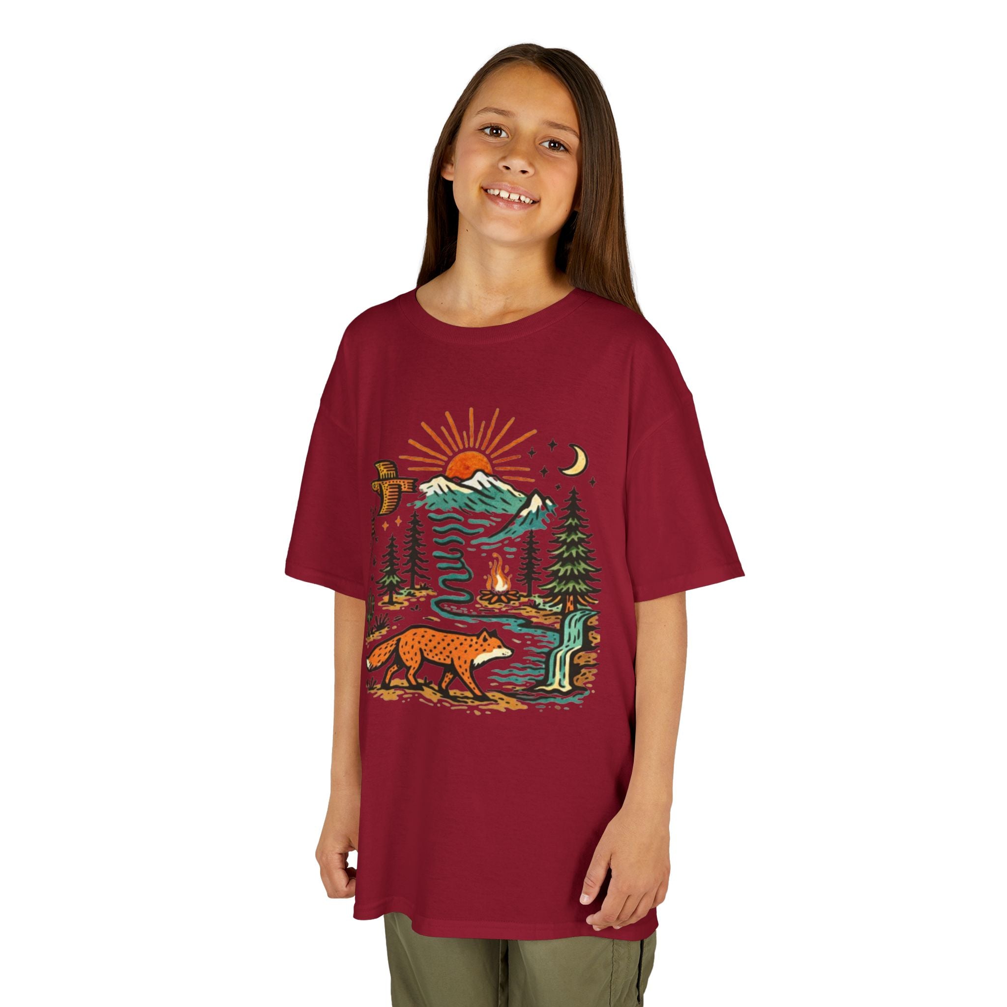 Kids T-Shirt | Retro Nature Scene with Fox Mountains & Sun | Adventure Outdoor Tee