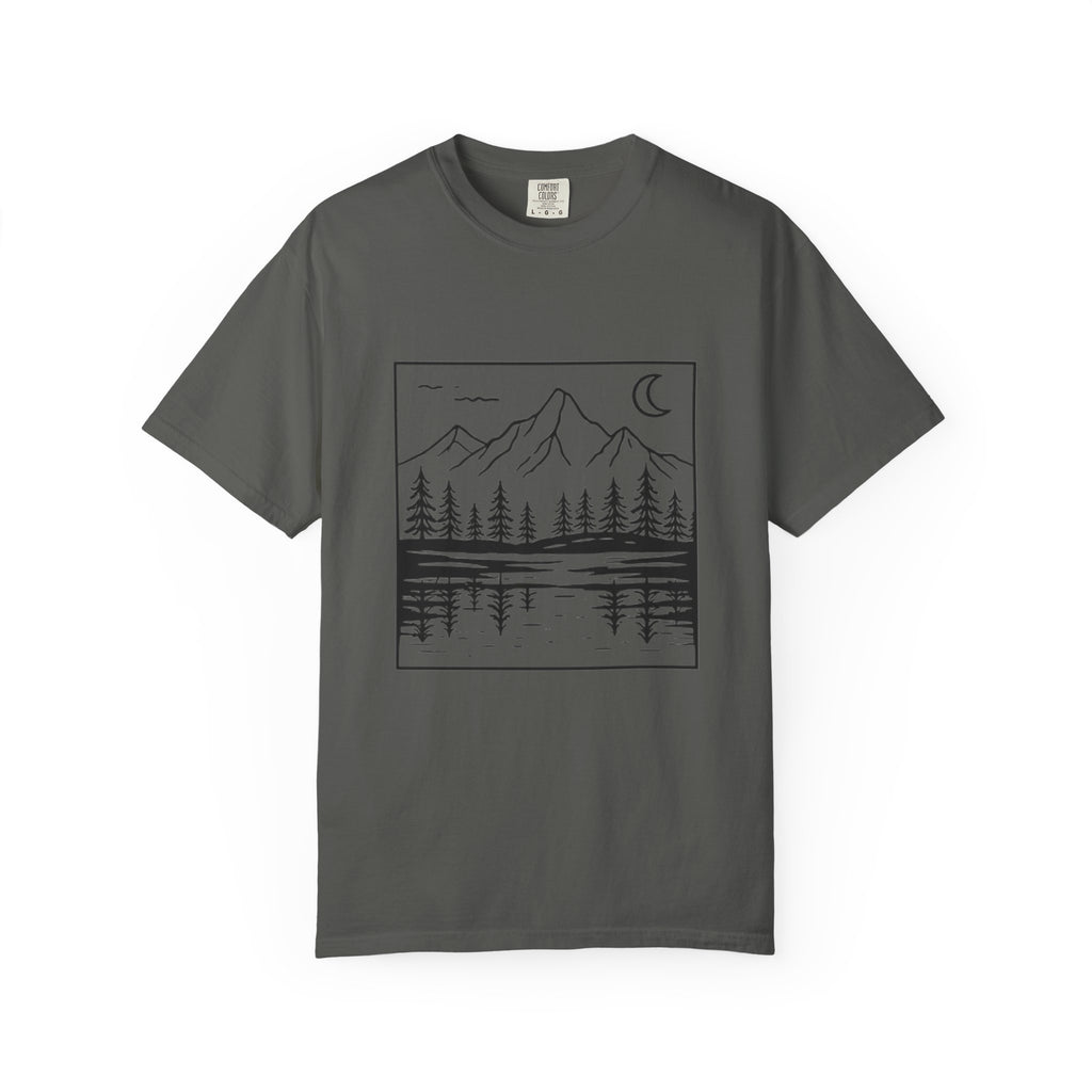 Mountain Lake T-Shirt | Minimal Nightscape with Pine Trees & Crescent Moon