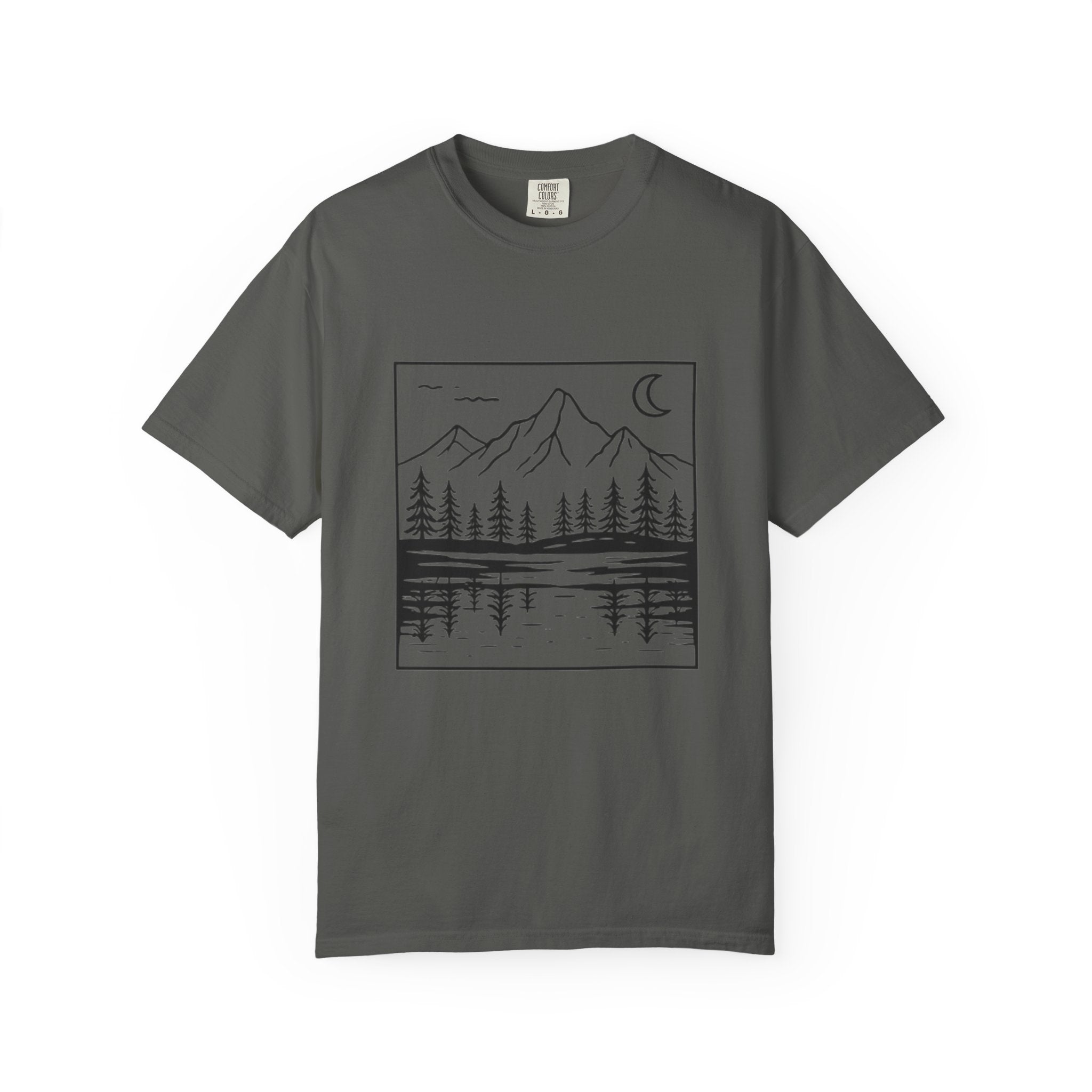 Mountain Lake T-Shirt | Minimal Nightscape with Pine Trees & Crescent Moon