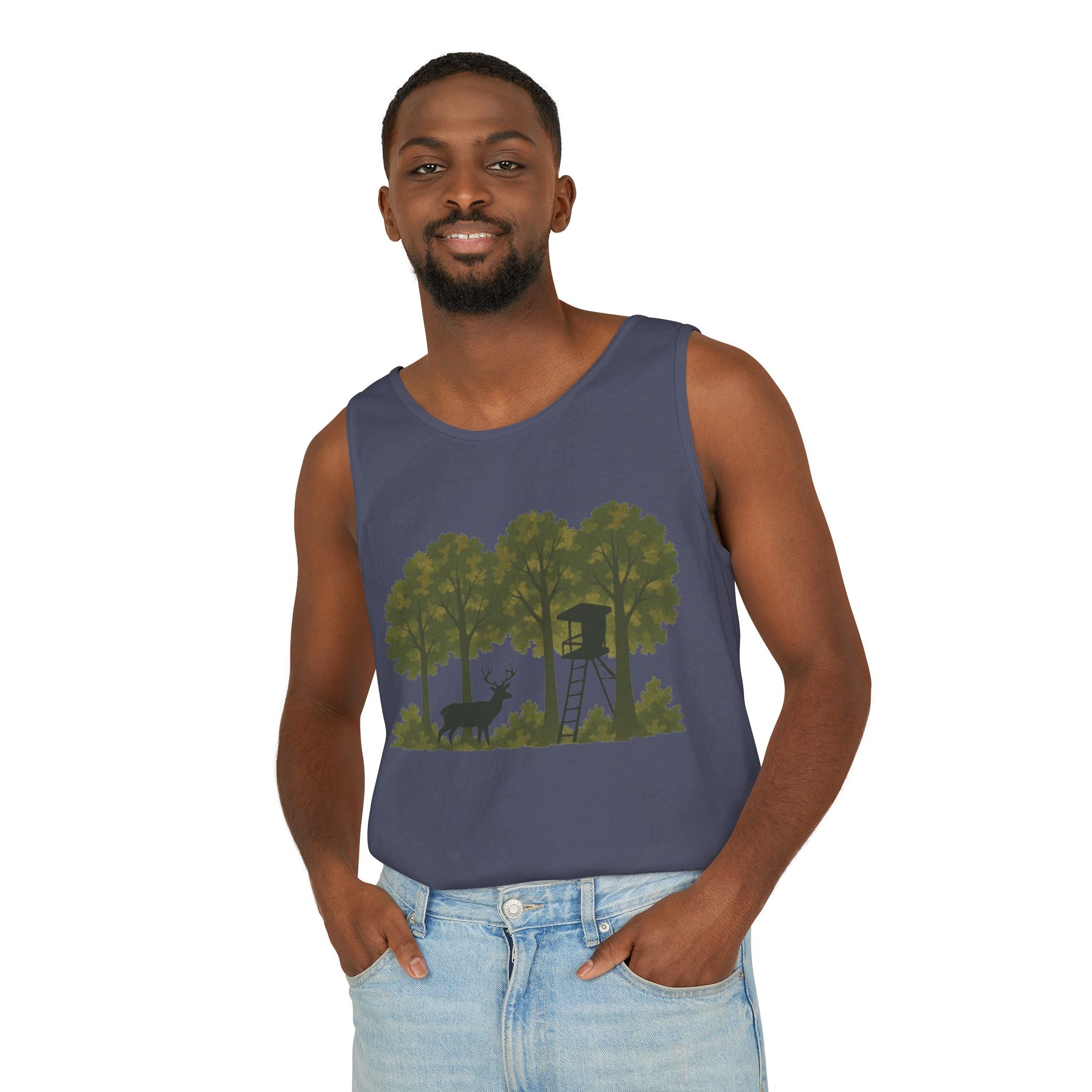 Deer Stand Woodland Tank Top | Hunting Cabin Forest Silhouette