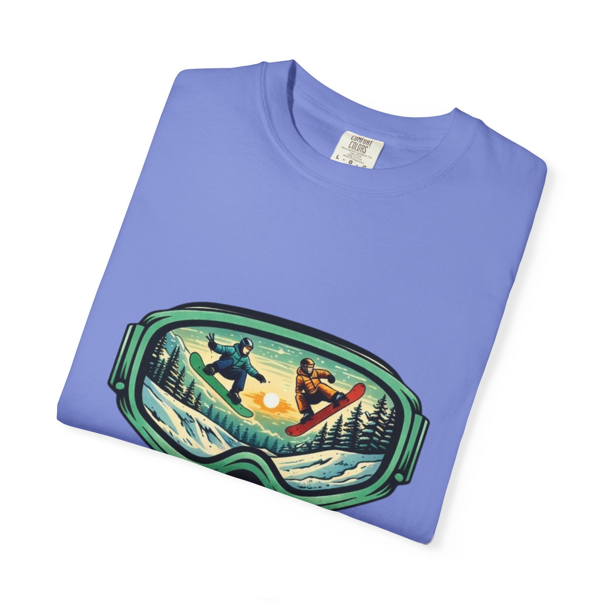 Snowboard Goggles Graphic T-Shirt | Mountain Scene with Ride the Ridge Design