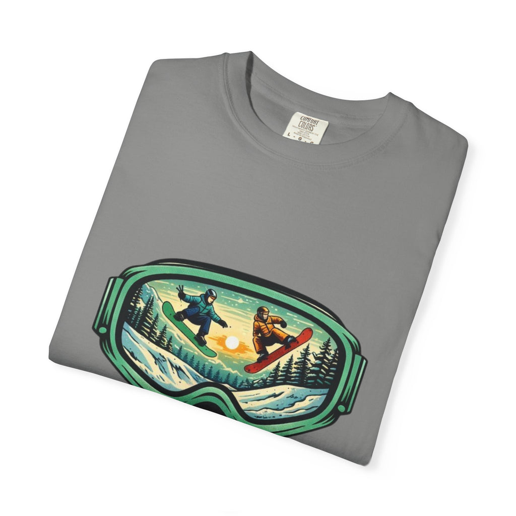 Snowboard Goggles Graphic T-Shirt | Mountain Scene with Ride the Ridge Design