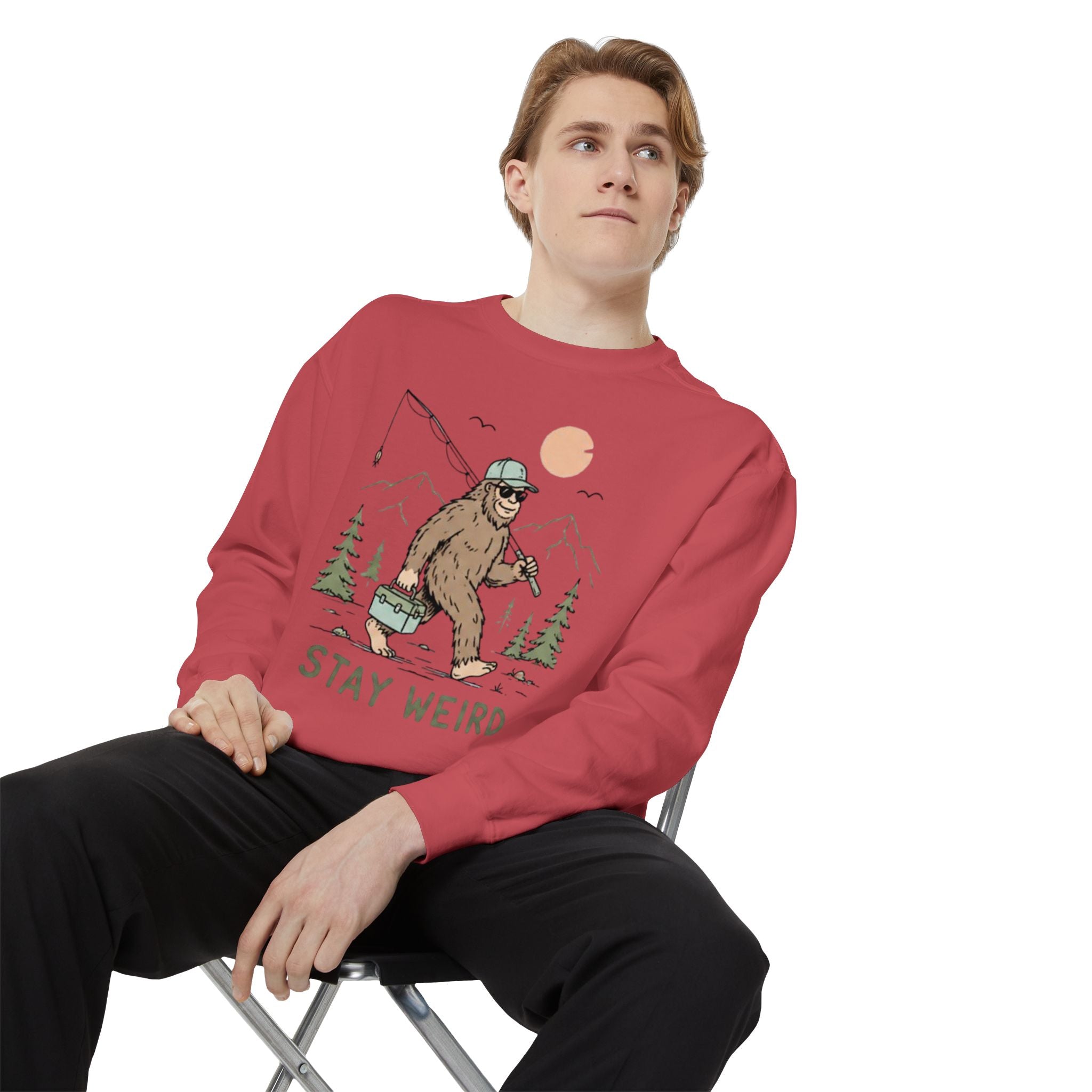 Stay Weird Sweatshirt | Fishing Sasquatch Graphic Crewneck
