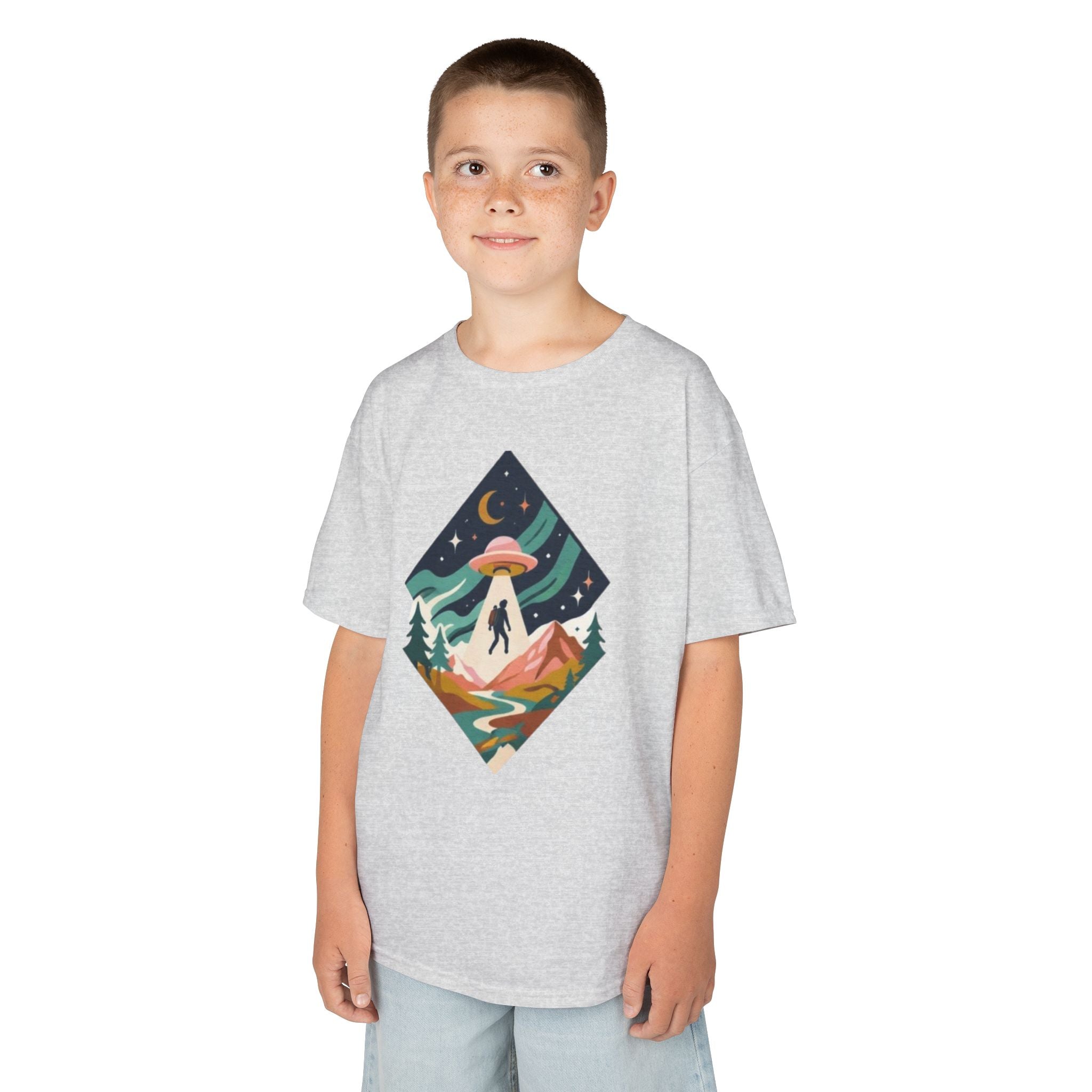 Kids Tee | Colorful UFO Abduction Mountain Scene