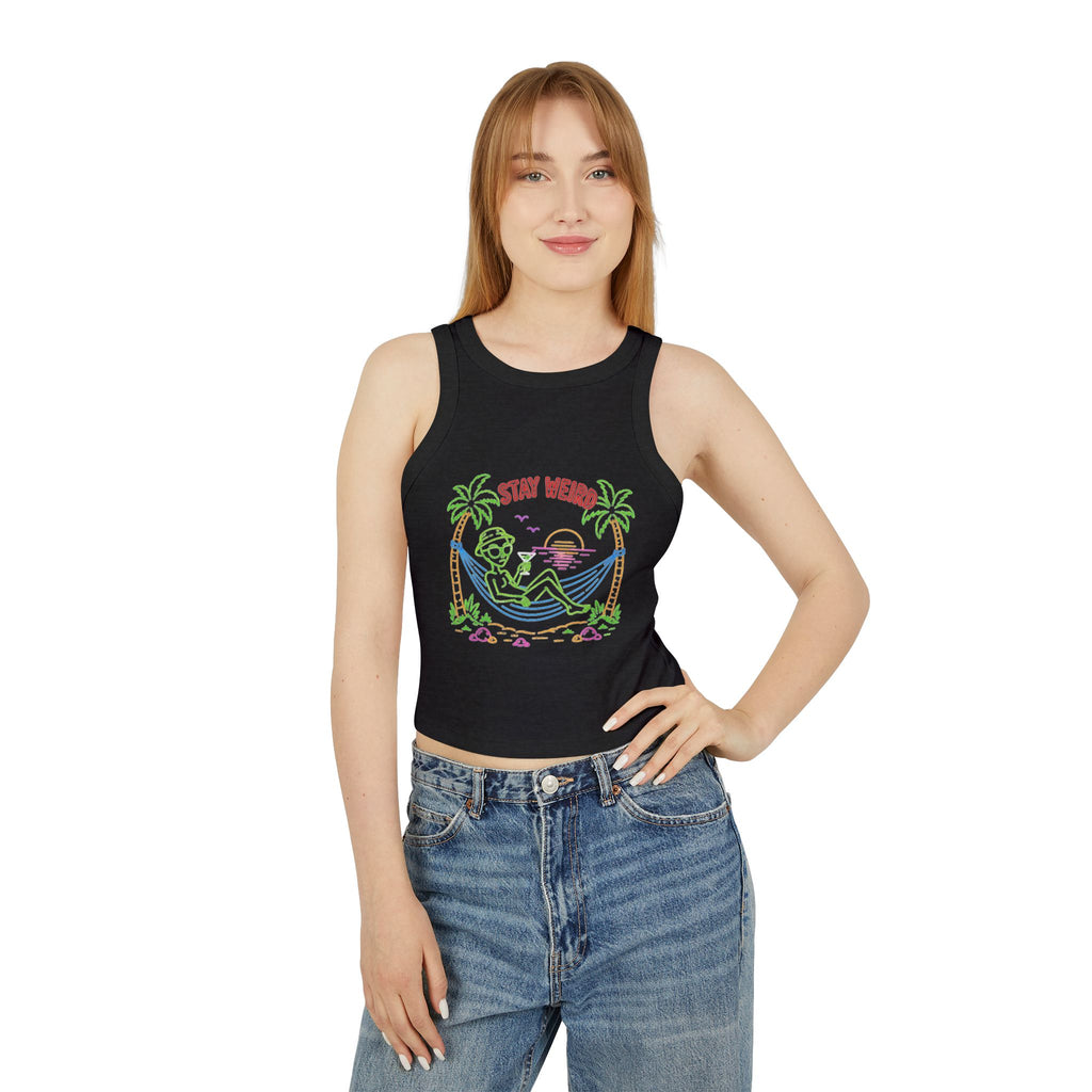 Stay Weird Tank Top | Womens Ribbed Racerback Crop Tank with Retro Beach Graphic