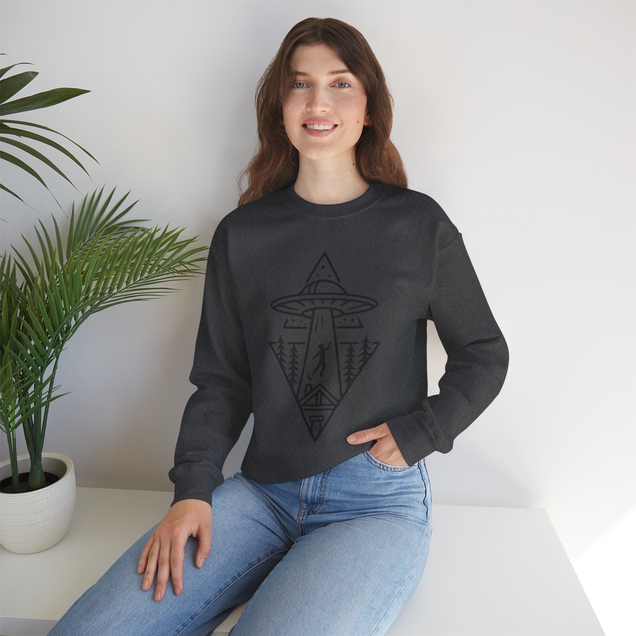 Alien Abduction Crewneck Sweatshirt | Geometric UFO Forest Design
