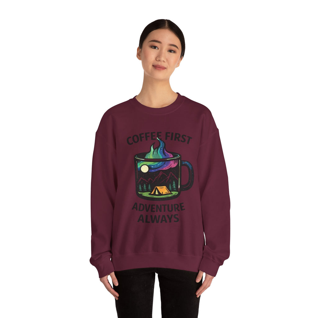 Coffee First Adventure Always Sweatshirt | Outdoor Camping Mug Graphic Crewneck