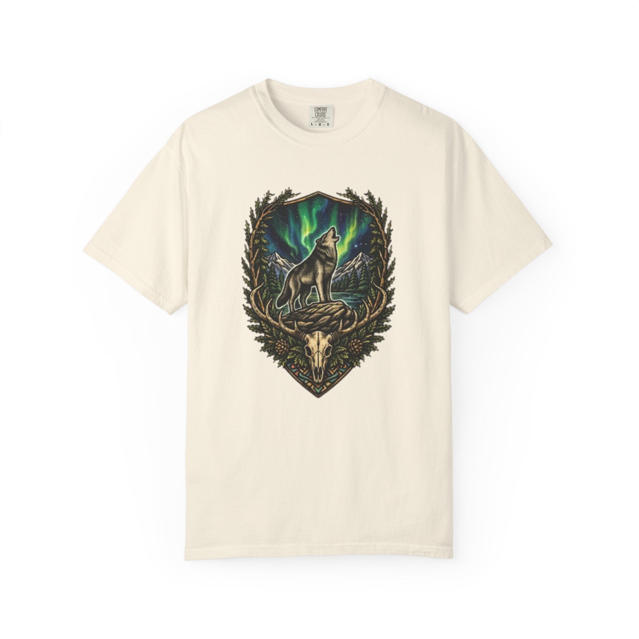 Deer Skull and Wolf Howling T-Shirt | Northern Lights Nature Graphic Tee