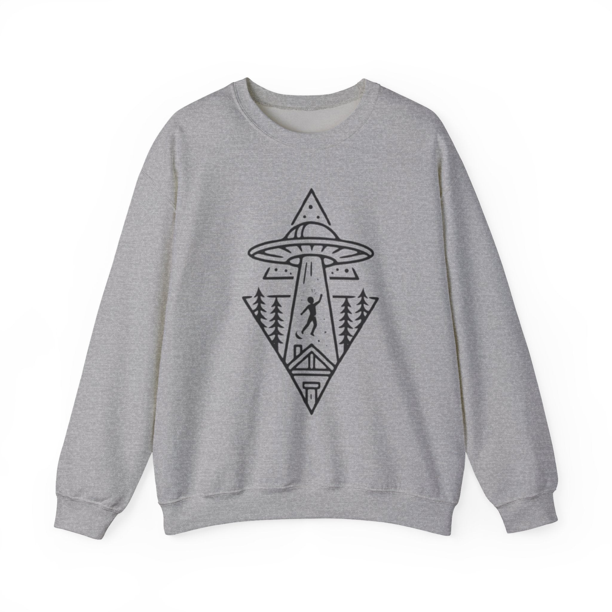 Alien Abduction Crewneck Sweatshirt | Geometric UFO Forest Design