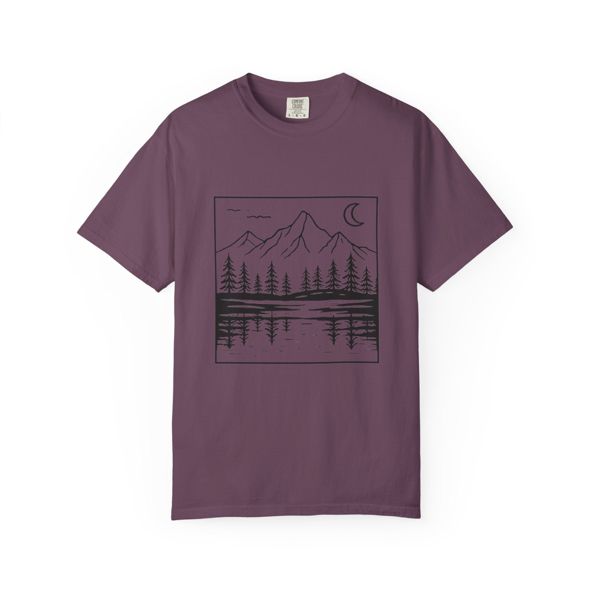 Mountain Lake T-Shirt | Minimal Nightscape with Pine Trees & Crescent Moon