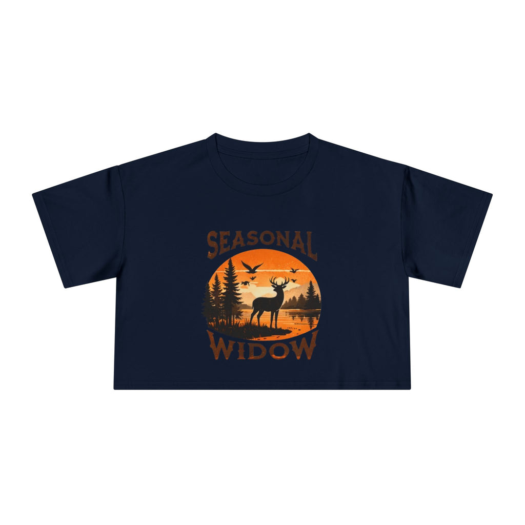 Seasonal Widow Crop Tee | Autumn Hunting Deer Sunset Graphic