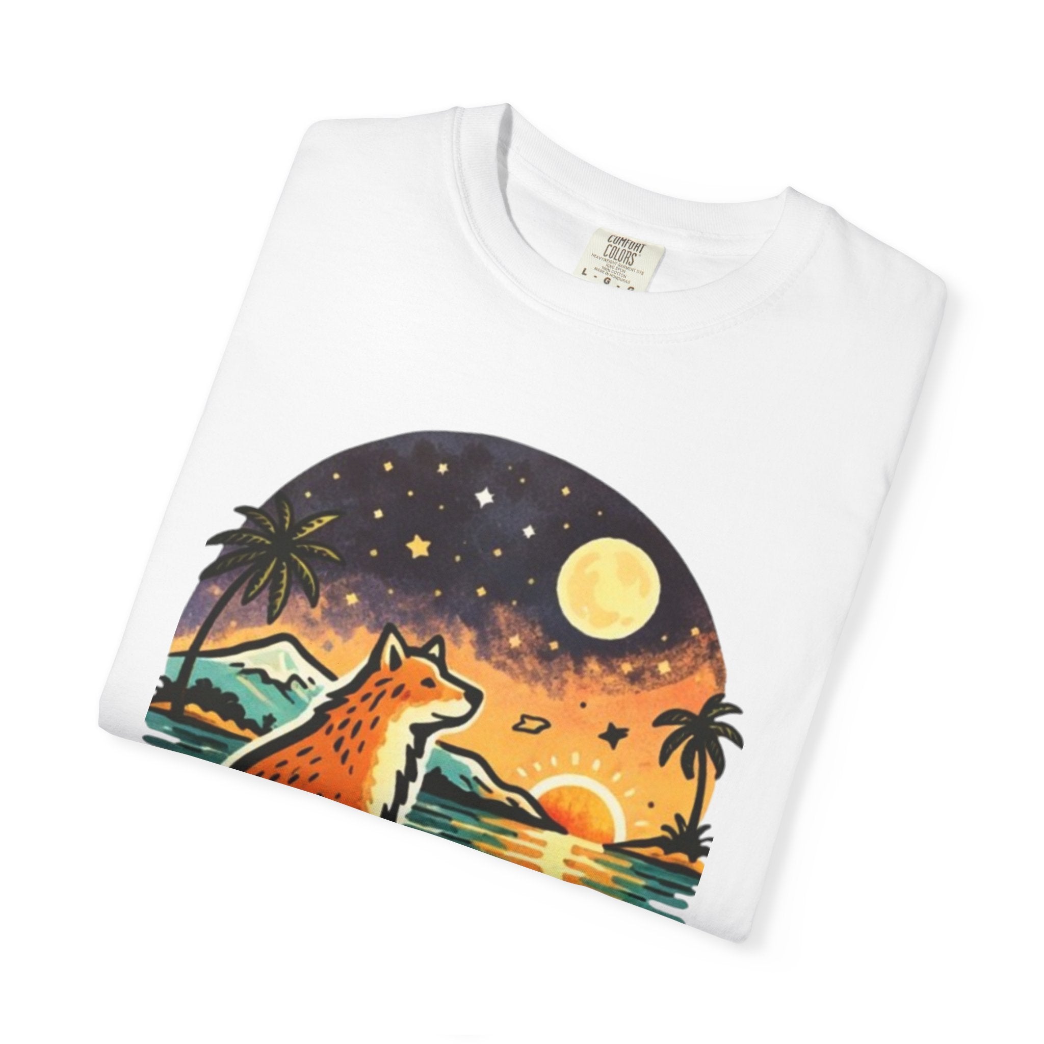 Fox Sunset T-Shirt - Beach Fox Graphic Tee with Skull, Moon & Palm Trees