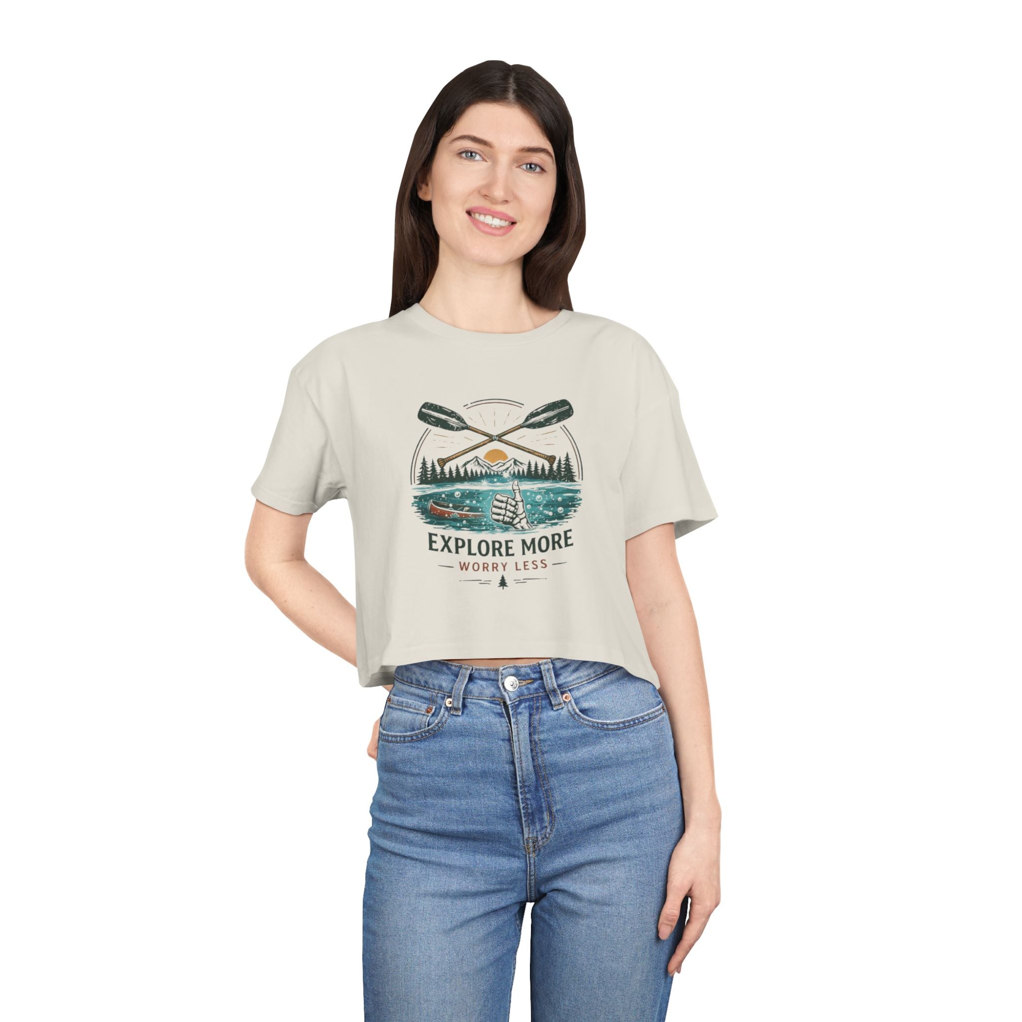 Crop Tee | Explore More "Worry Less" Outdoor Adventure Graphic