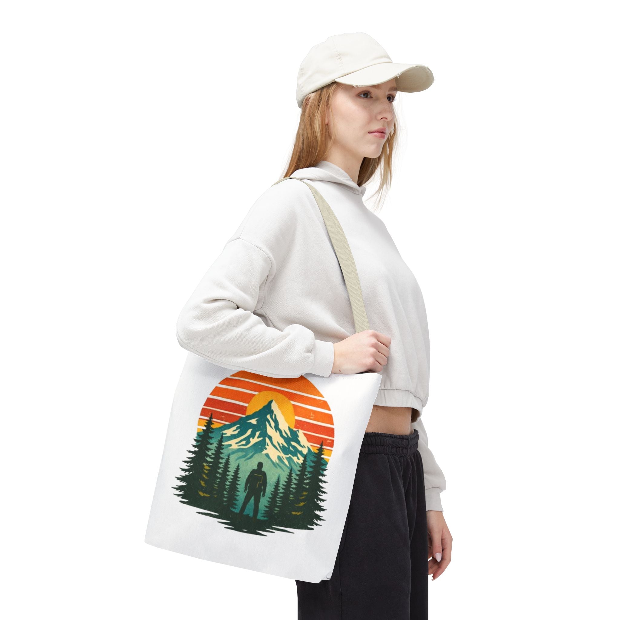 Retro Hiking Mountainscape Sunset Tote Bag