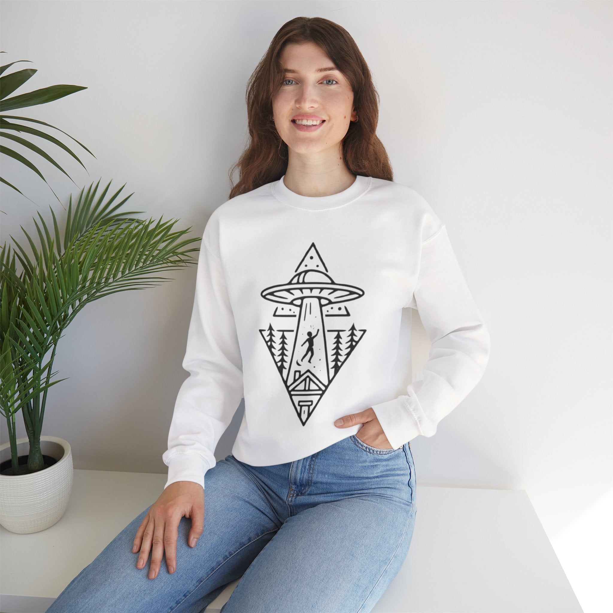 Alien Abduction Crewneck Sweatshirt | Geometric UFO Forest Design
