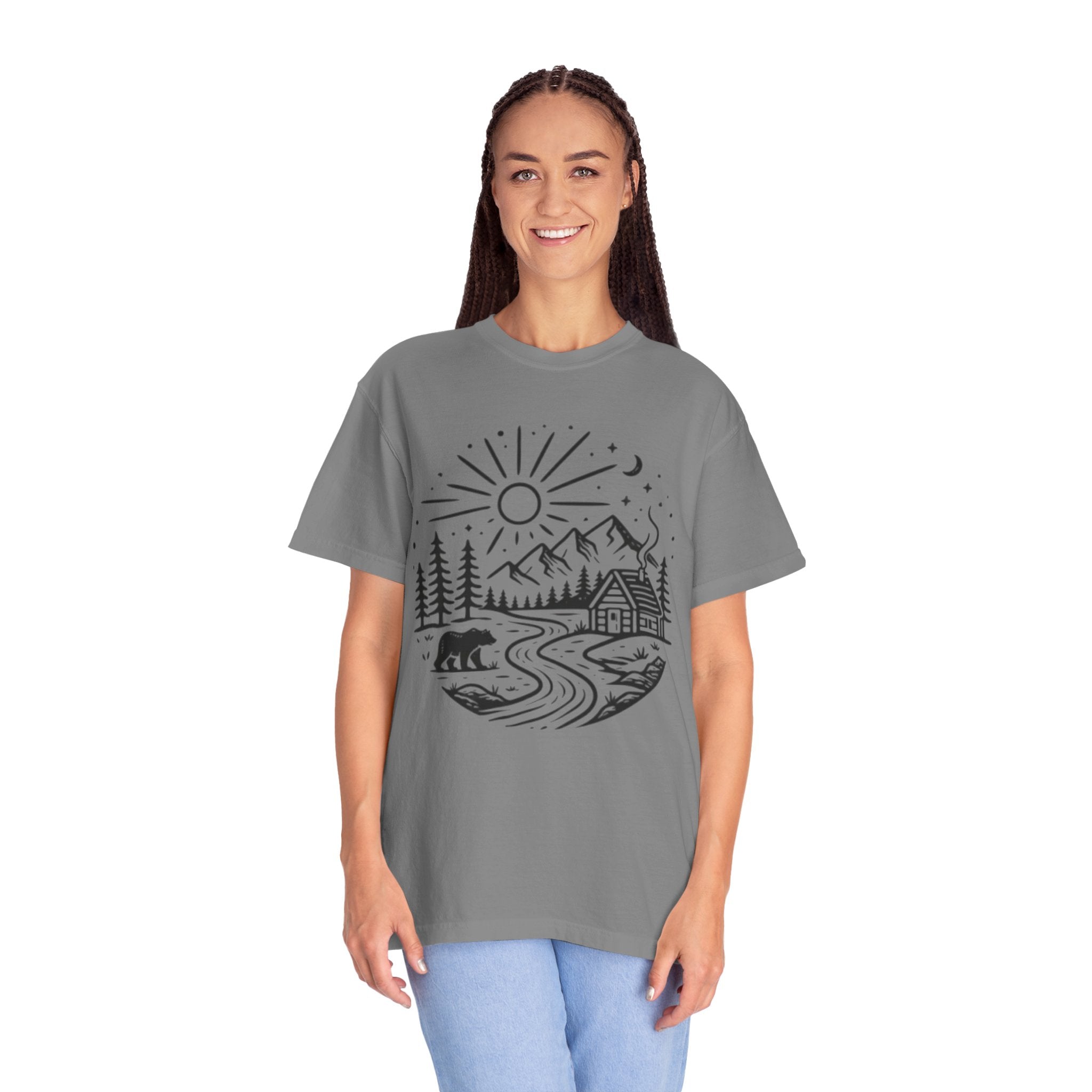 Nature Cabin T-Shirt | Scenic Mountain, River & Bear Outdoor Graphic Tee