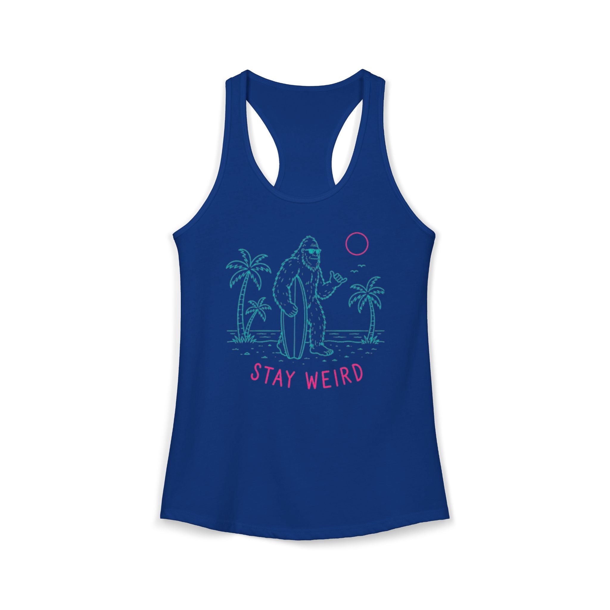 Stay Weird Sasquatch Racerback Tank | Minimalist Surfer Vibe for Women