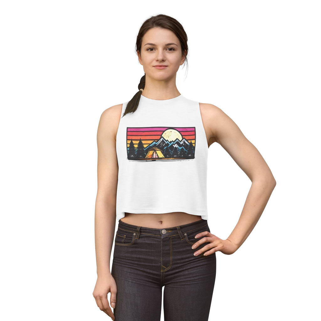 Camping Sunset Crop Top | Retro Mountain Tent Graphic