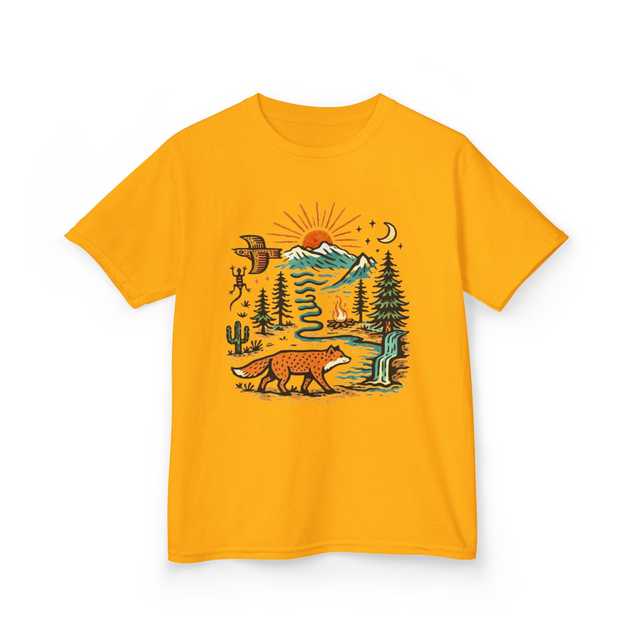 Kids T-Shirt | Retro Nature Scene with Fox Mountains & Sun | Adventure Outdoor Tee