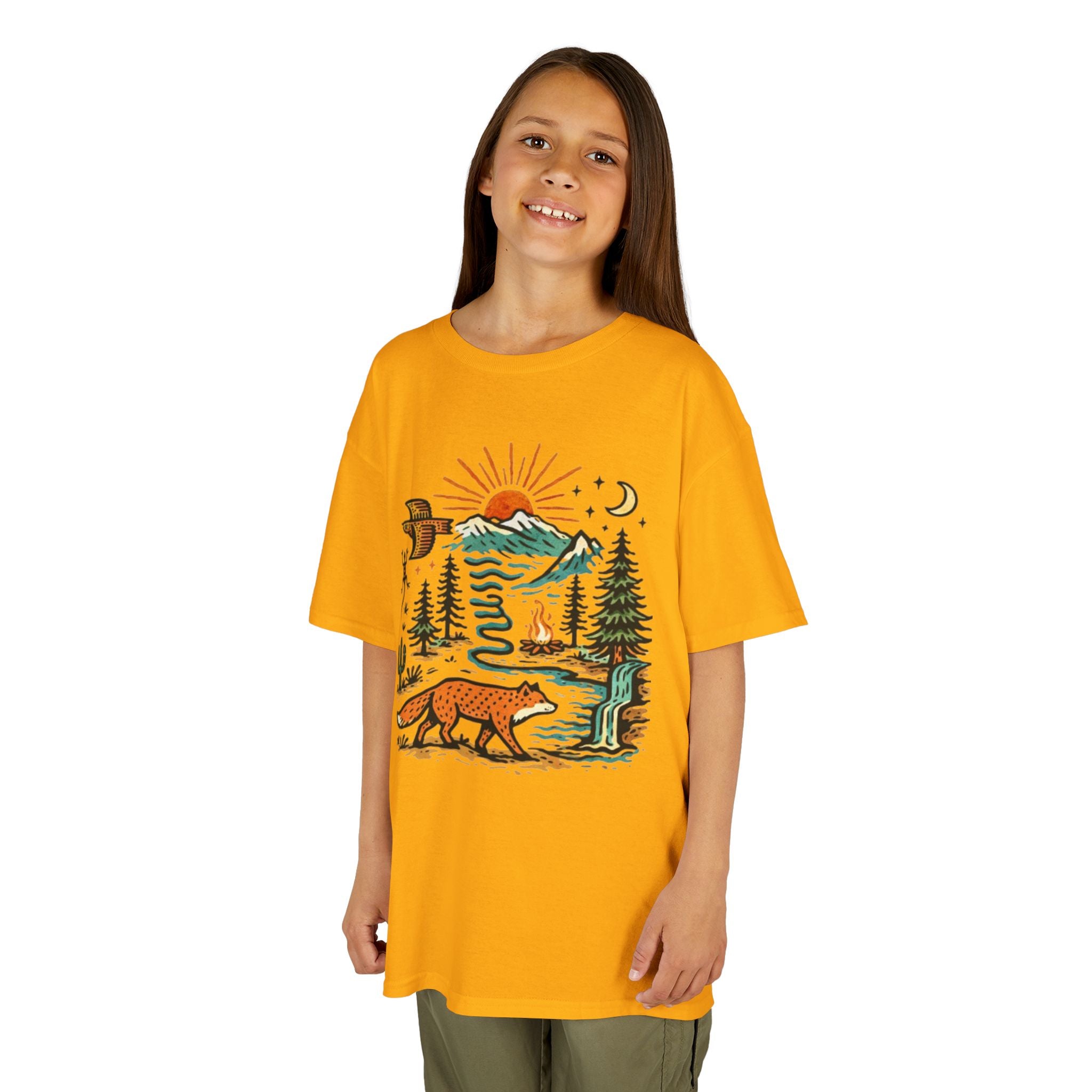 Kids T-Shirt | Retro Nature Scene with Fox Mountains & Sun | Adventure Outdoor Tee