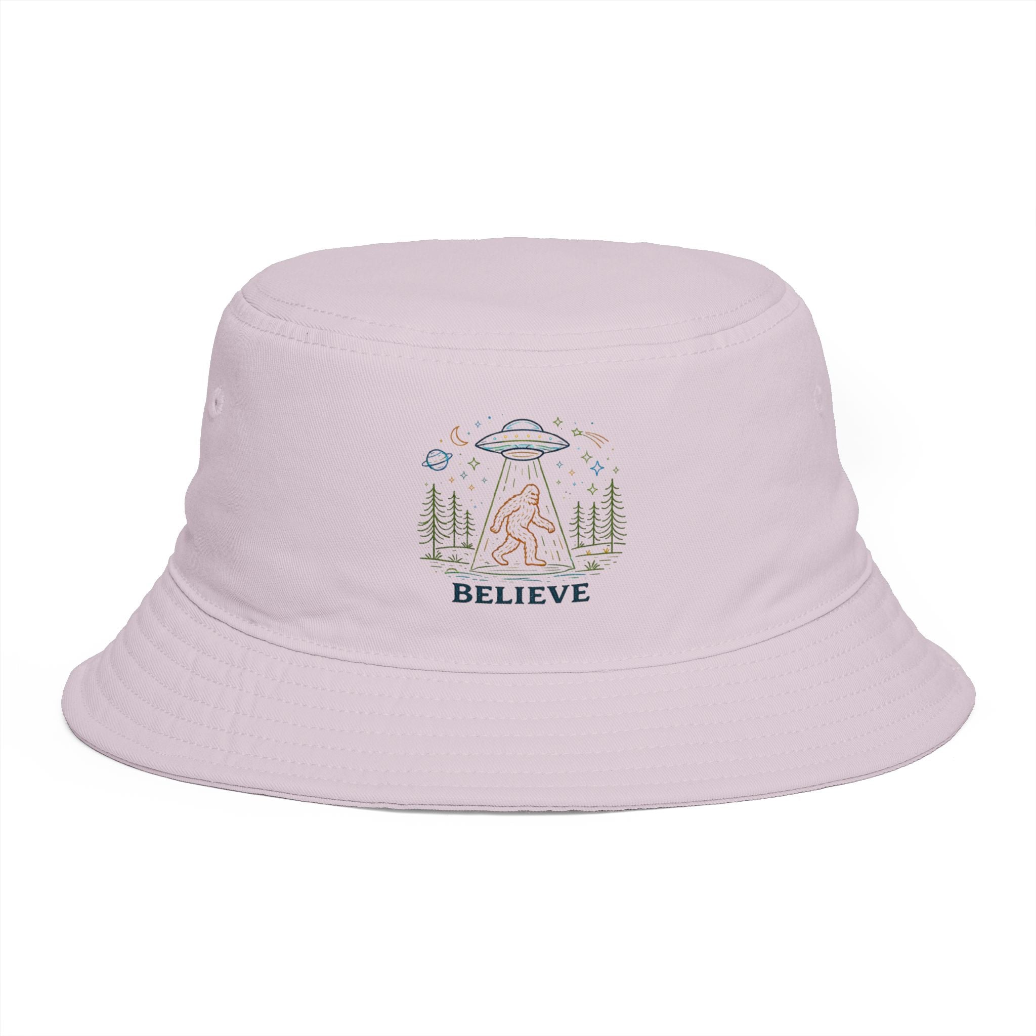 Bigfoot Night UFO Bucket Hat | Retro Forest Sasquatch Camping Design