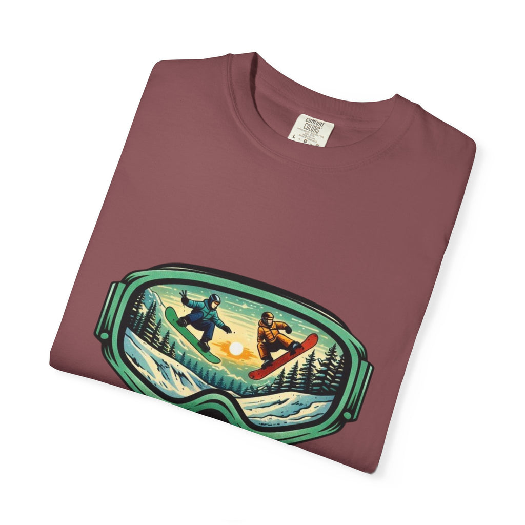 Snowboard Goggles Graphic T-Shirt | Mountain Scene with Ride the Ridge Design