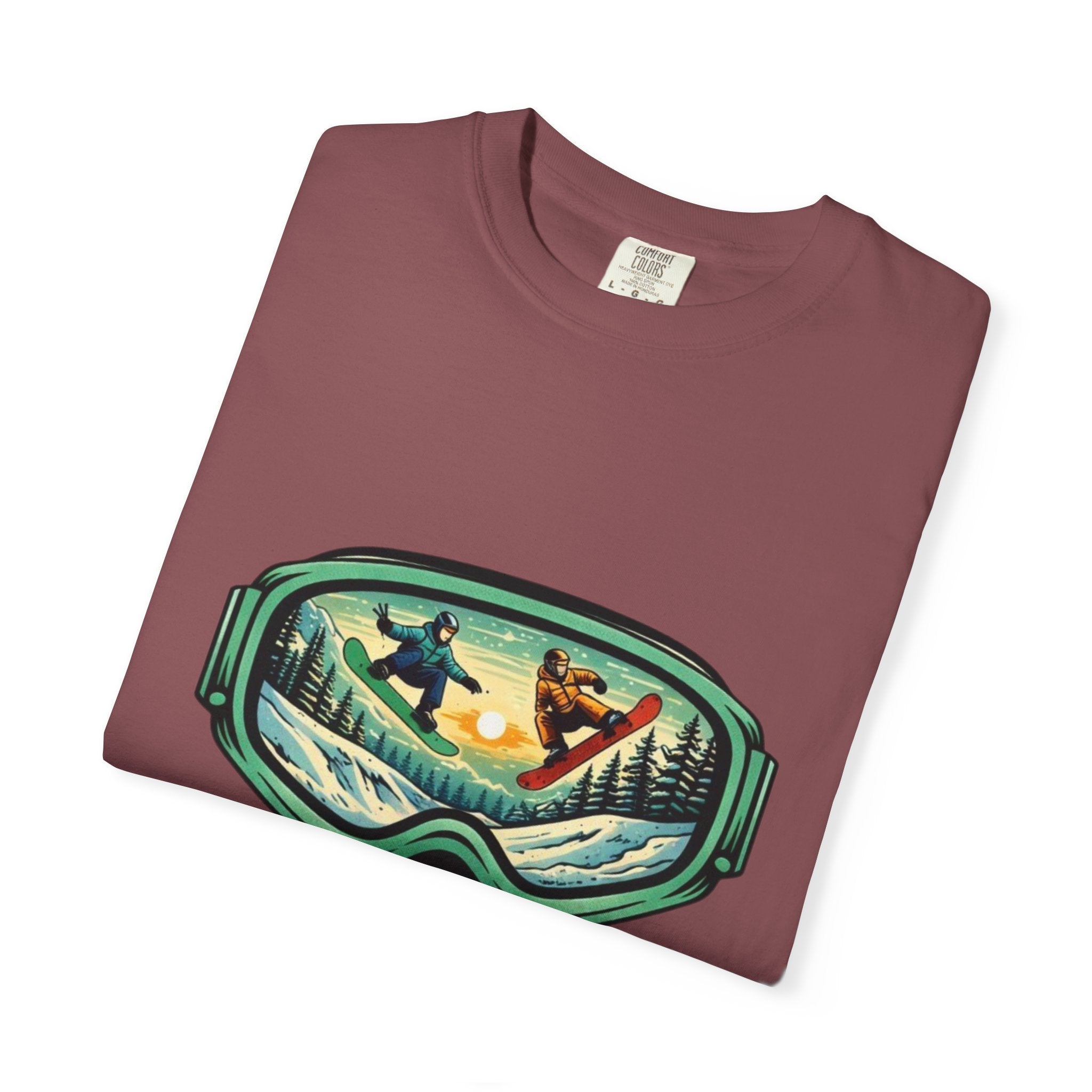 Snowboard Goggles Graphic T-Shirt | Mountain Scene with Ride the Ridge Design