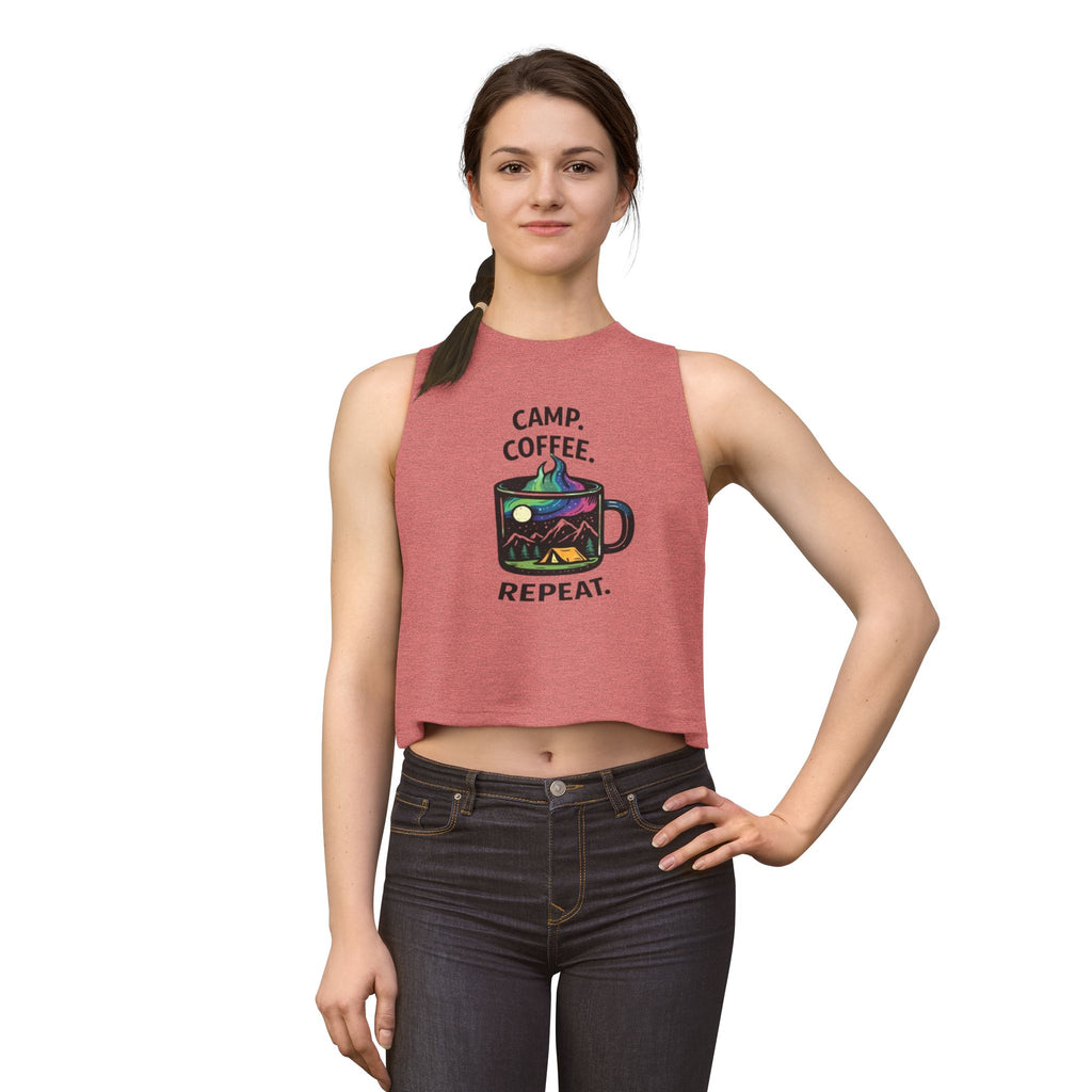 Camping Coffee Crop Tank | "Camp. Coffee. Repeat" Graphic Women's Top