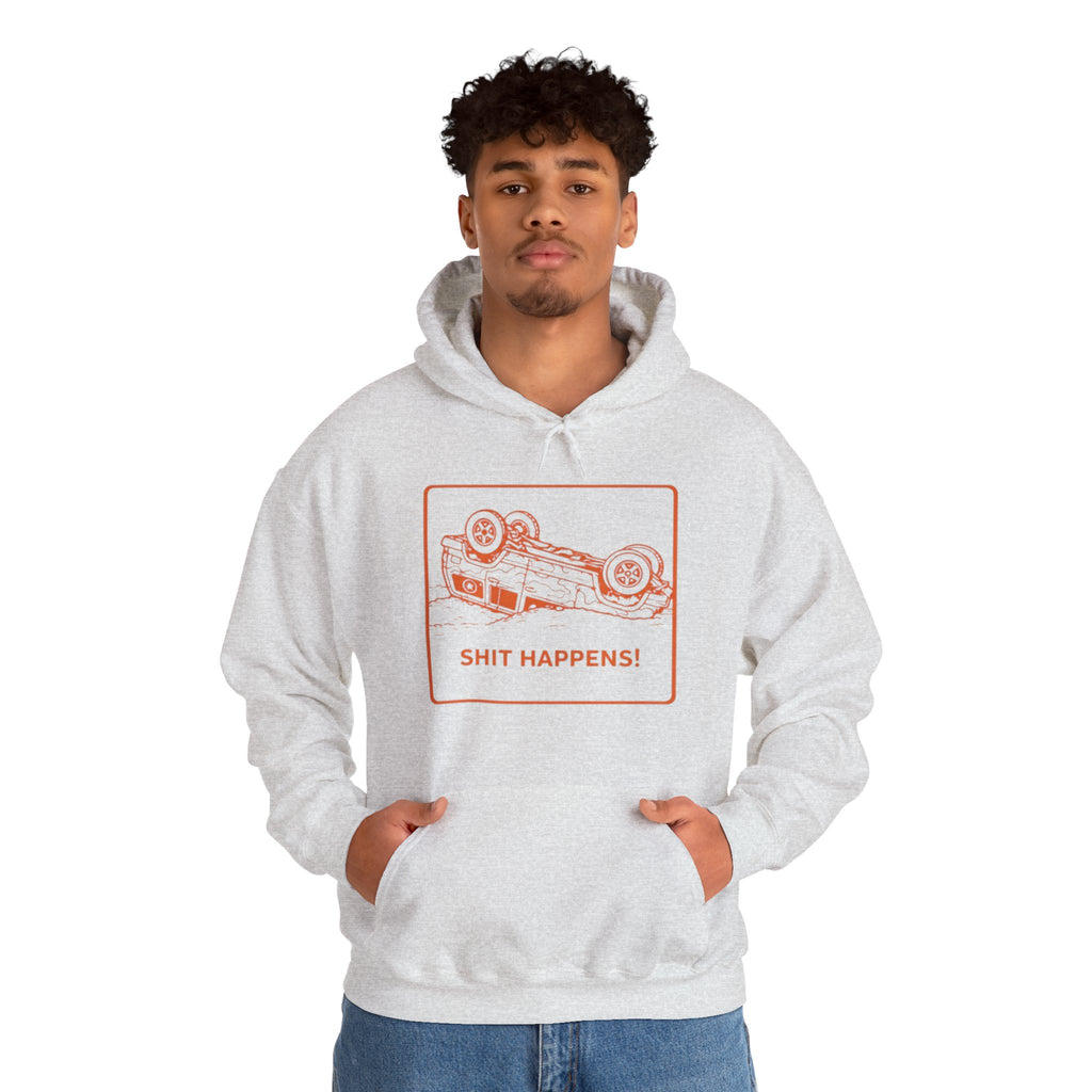 Hoodie | "Shit Happens" Upside-Down Car Graphic Comfort Hoodie