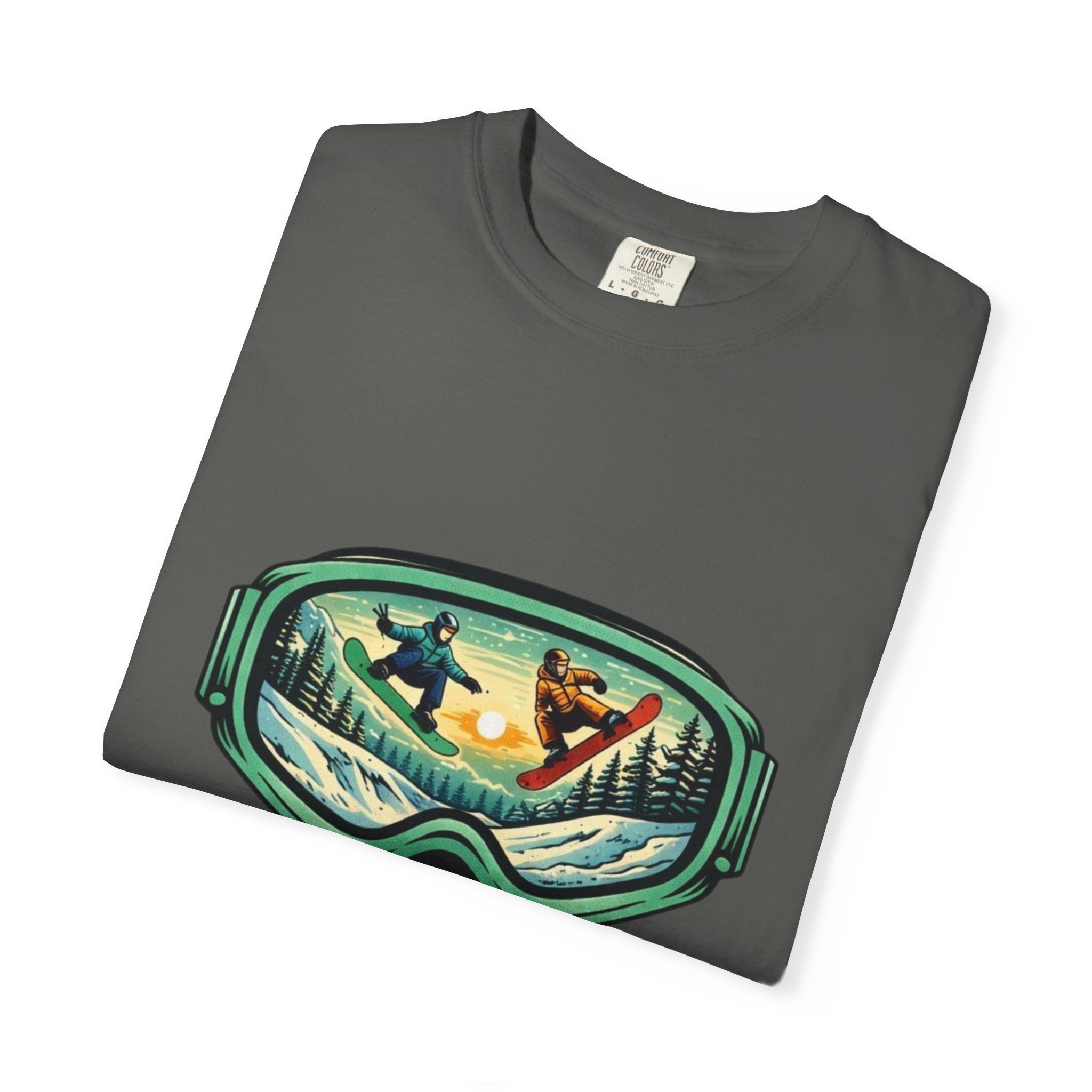 Snowboard Goggles Graphic T-Shirt | Mountain Scene with Ride the Ridge Design
