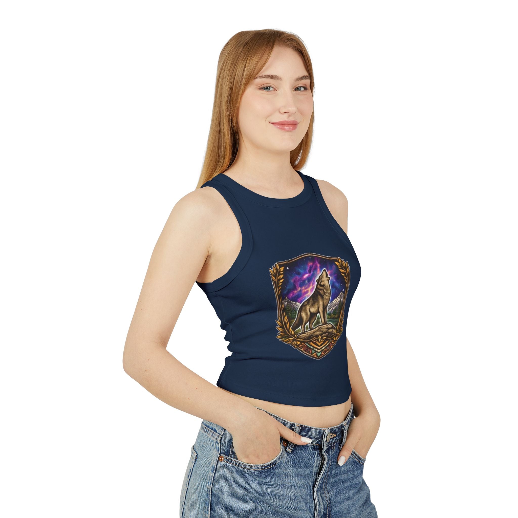 Wolf Crest Racer Tank Top | Northern Lights Graphic Crop Tank