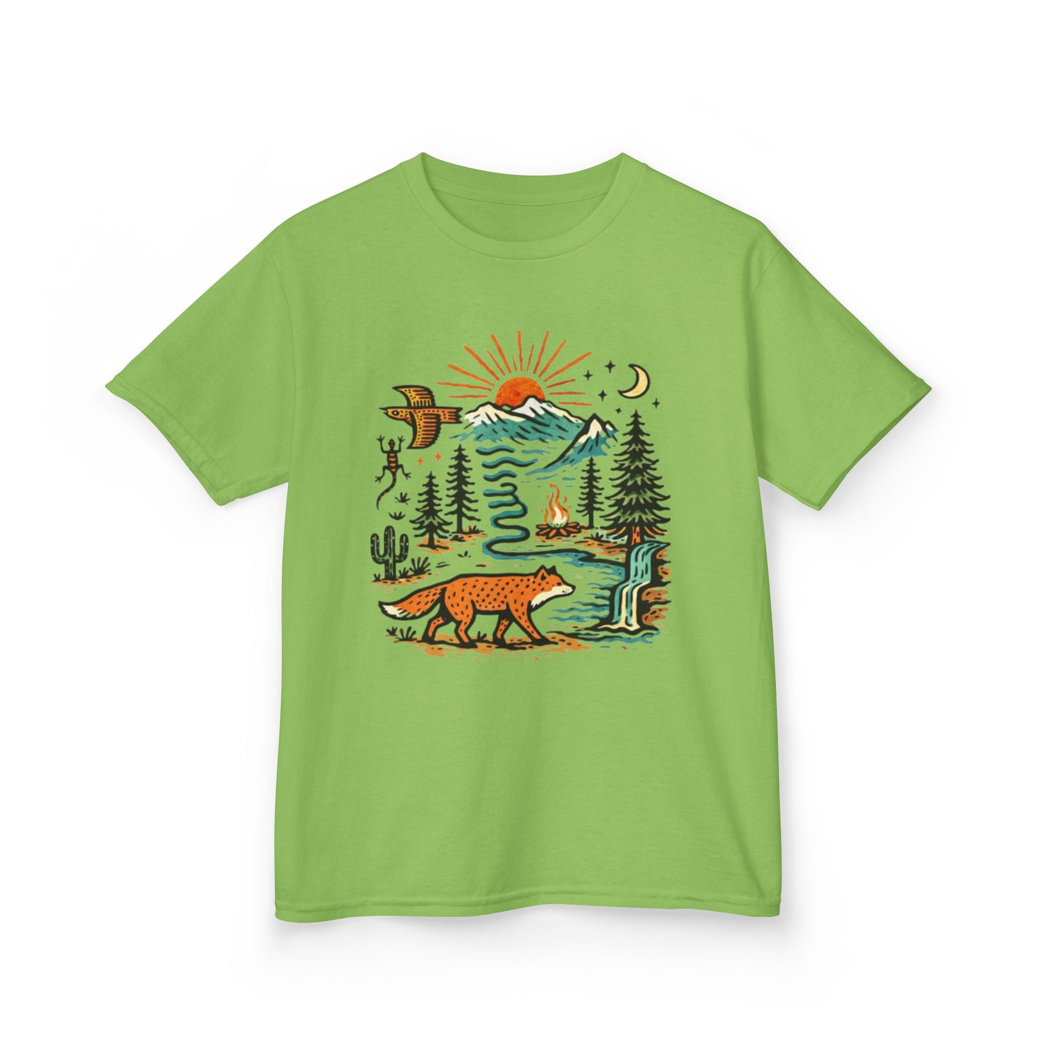 Kids T-Shirt | Retro Nature Scene with Fox Mountains & Sun | Adventure Outdoor Tee