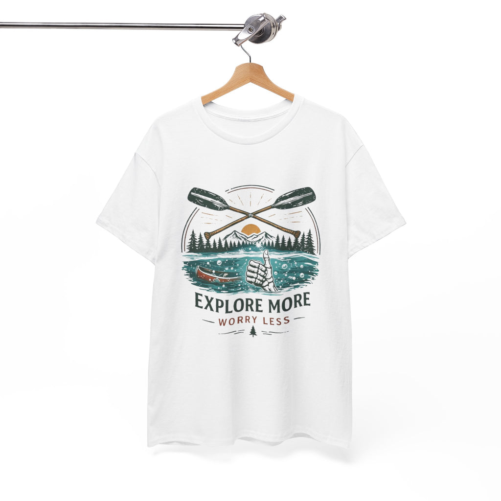 Explore More Worry Less T-Shirt | Outdoor Camping Canoe Graphic Skeleton Tee