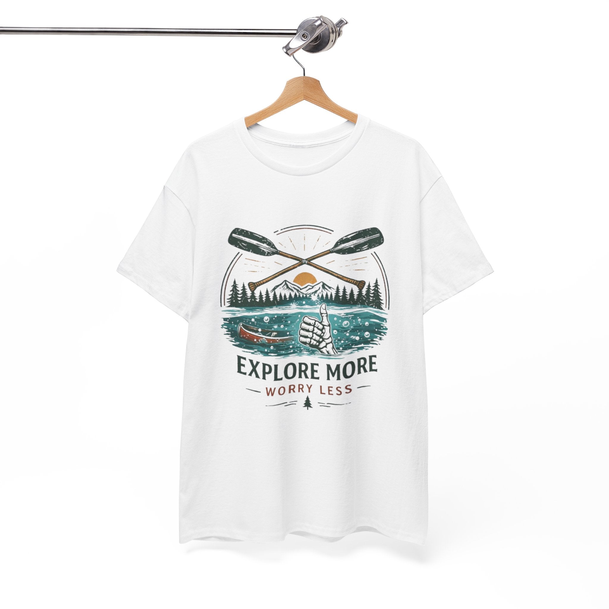 Explore More Worry Less T-Shirt | Outdoor Camping Canoe Graphic Skeleton Tee