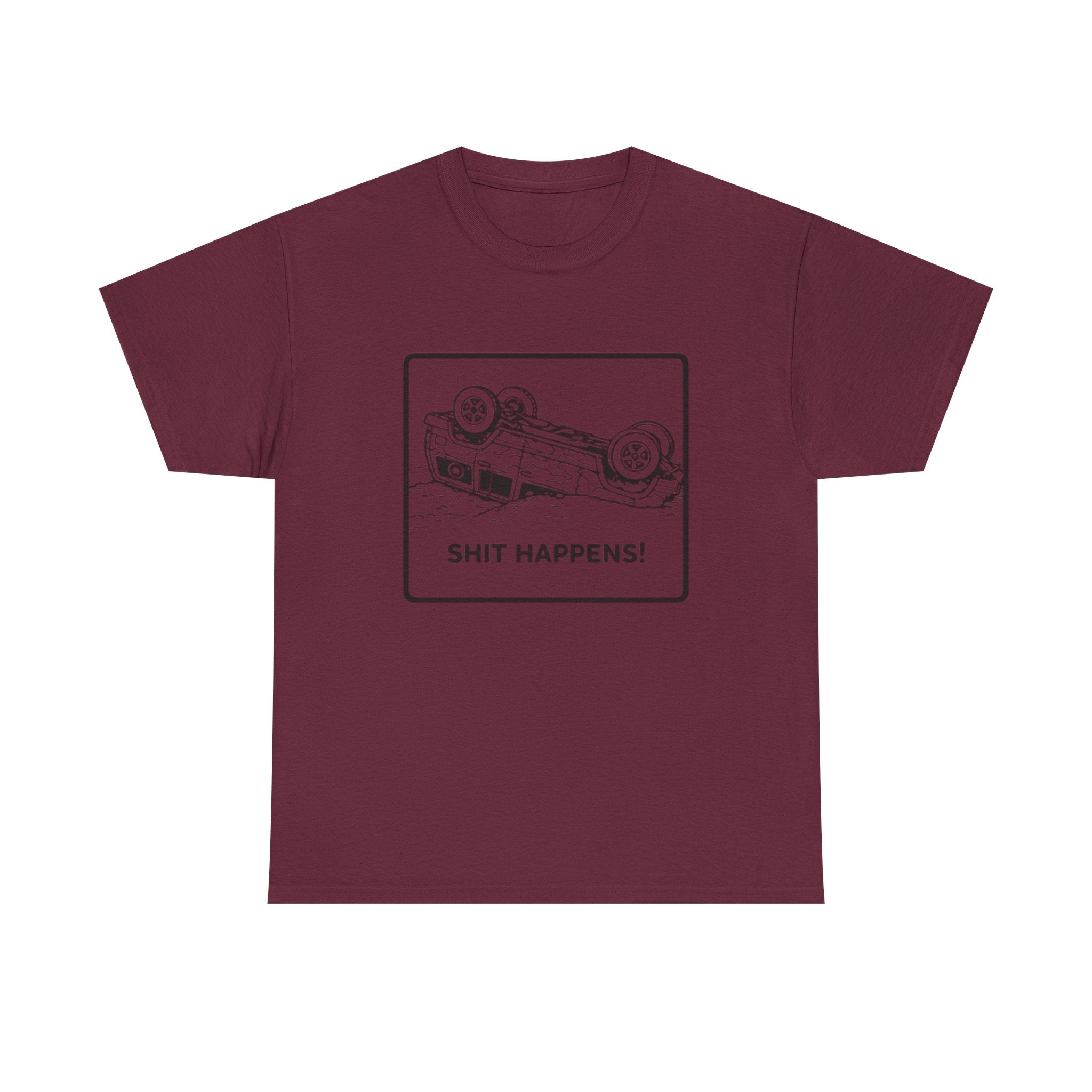Graphic Tee | Upside-Down Car "Shit Happens!" Vintage Sketch T-Shirt