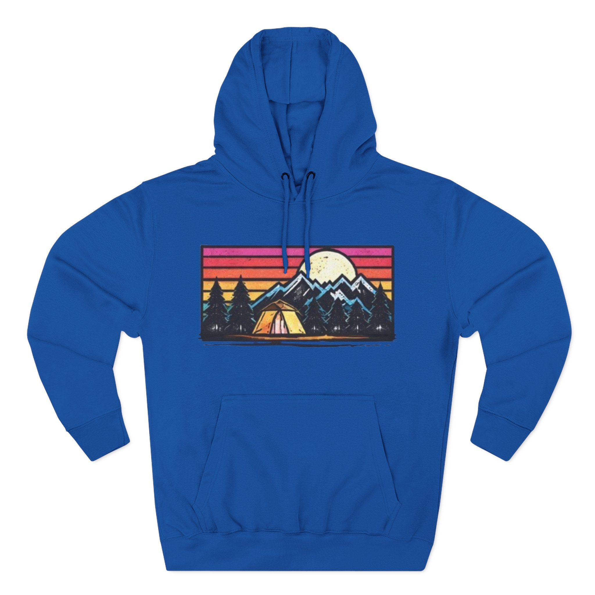 Retro Mountain Camping Hoodie — Sunrise Tent Graphic Fleece Hoodie