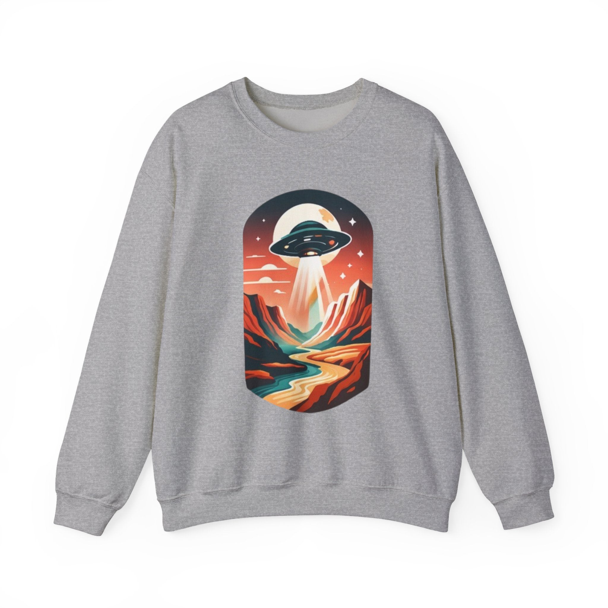 UFO Adventure Crewneck Sweatshirt | Retro Alien Abduction Mountain Graphic