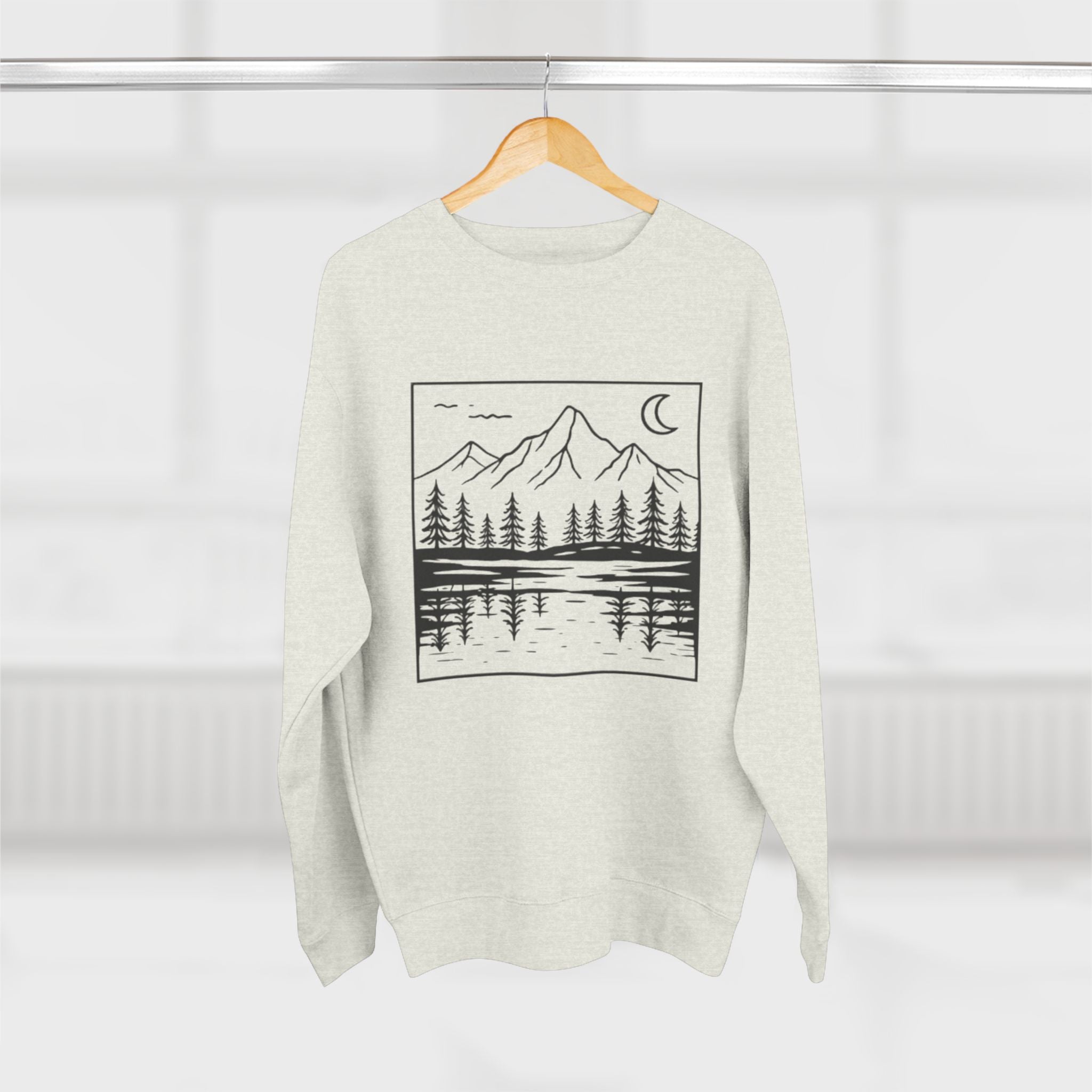 Mountain Mirror Lake Crewneck Sweatshirt | Minimal Linework Landscape