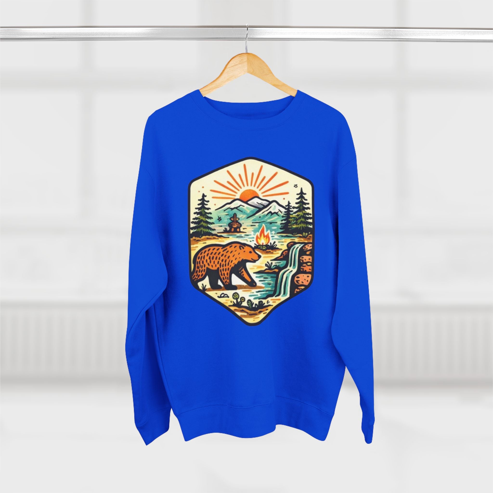 Bear Wilderness Crewneck Sweatshirt | Scenic Campfire Mountain Patch Design