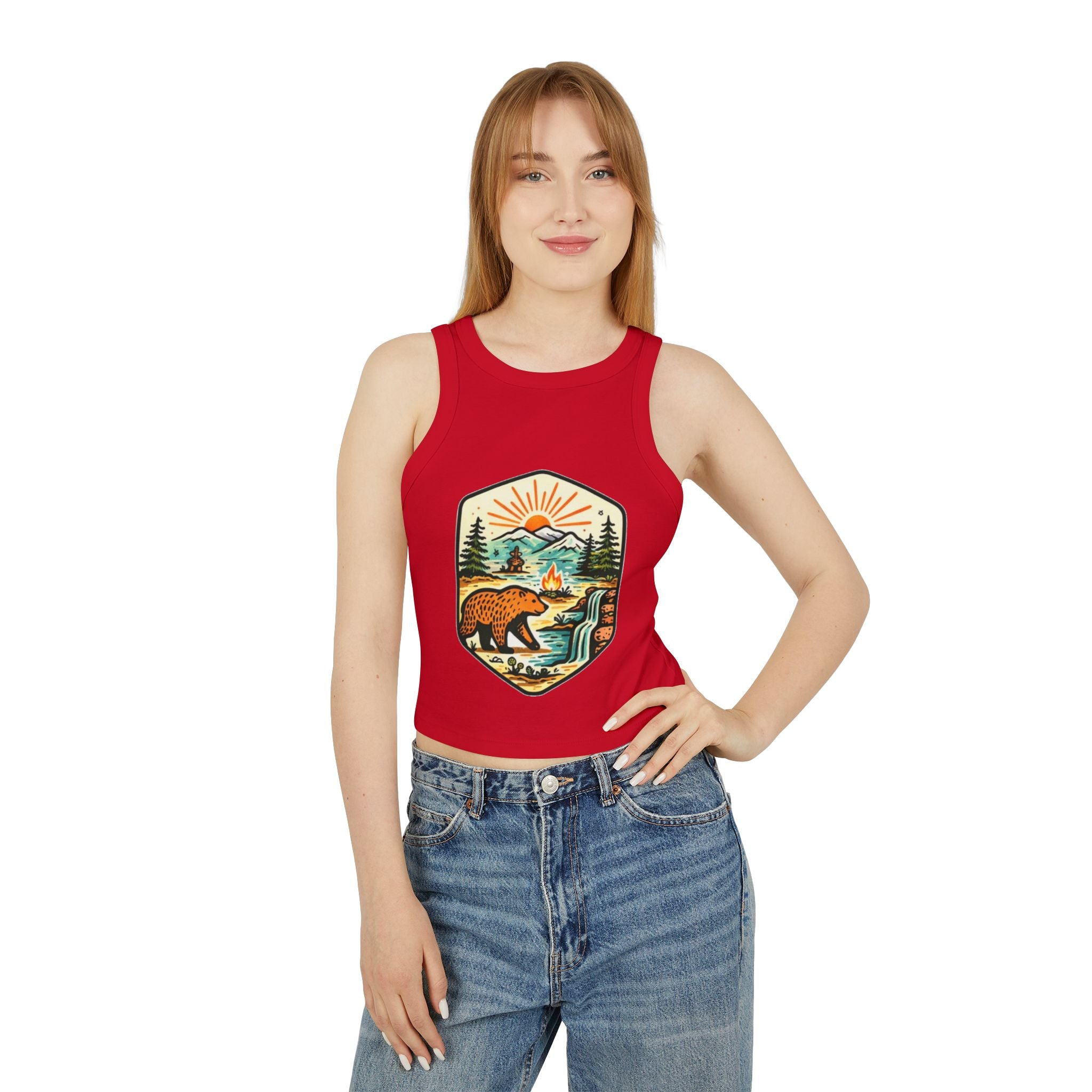 Womens Racer Tank Top | Retro Bear Mountain Camp Graphic