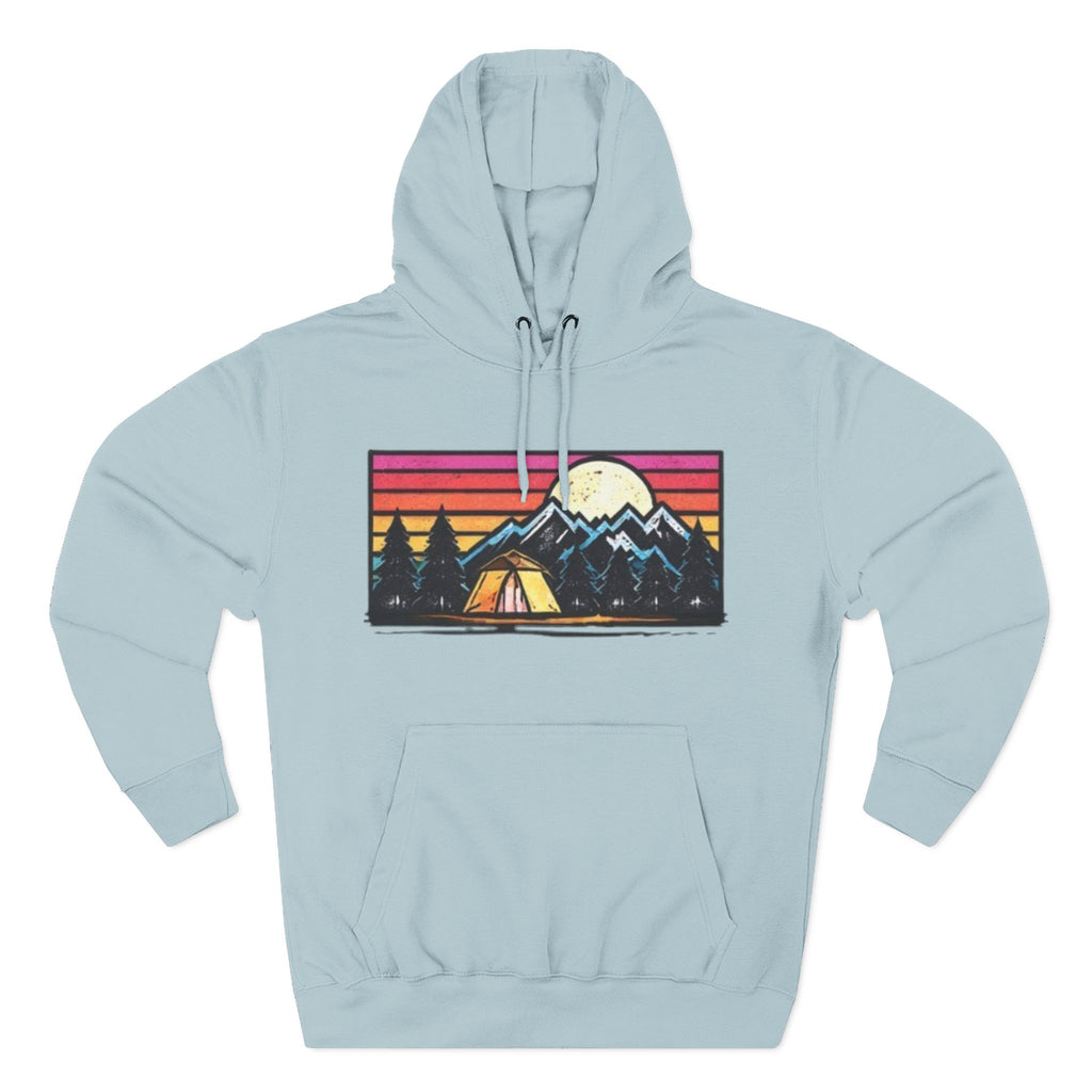 Retro Mountain Camping Hoodie — Sunrise Tent Graphic Fleece Hoodie