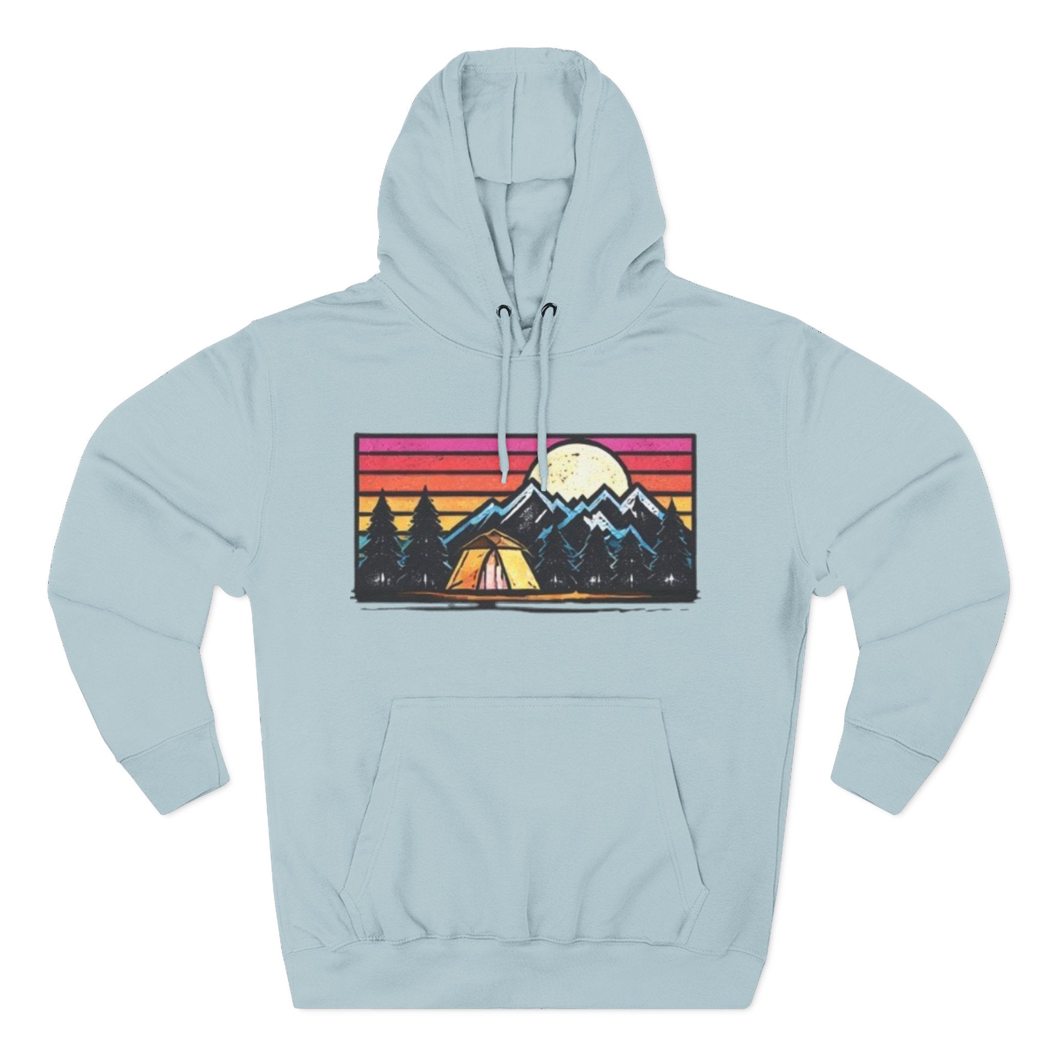 Retro Mountain Camping Hoodie — Sunrise Tent Graphic Fleece Hoodie