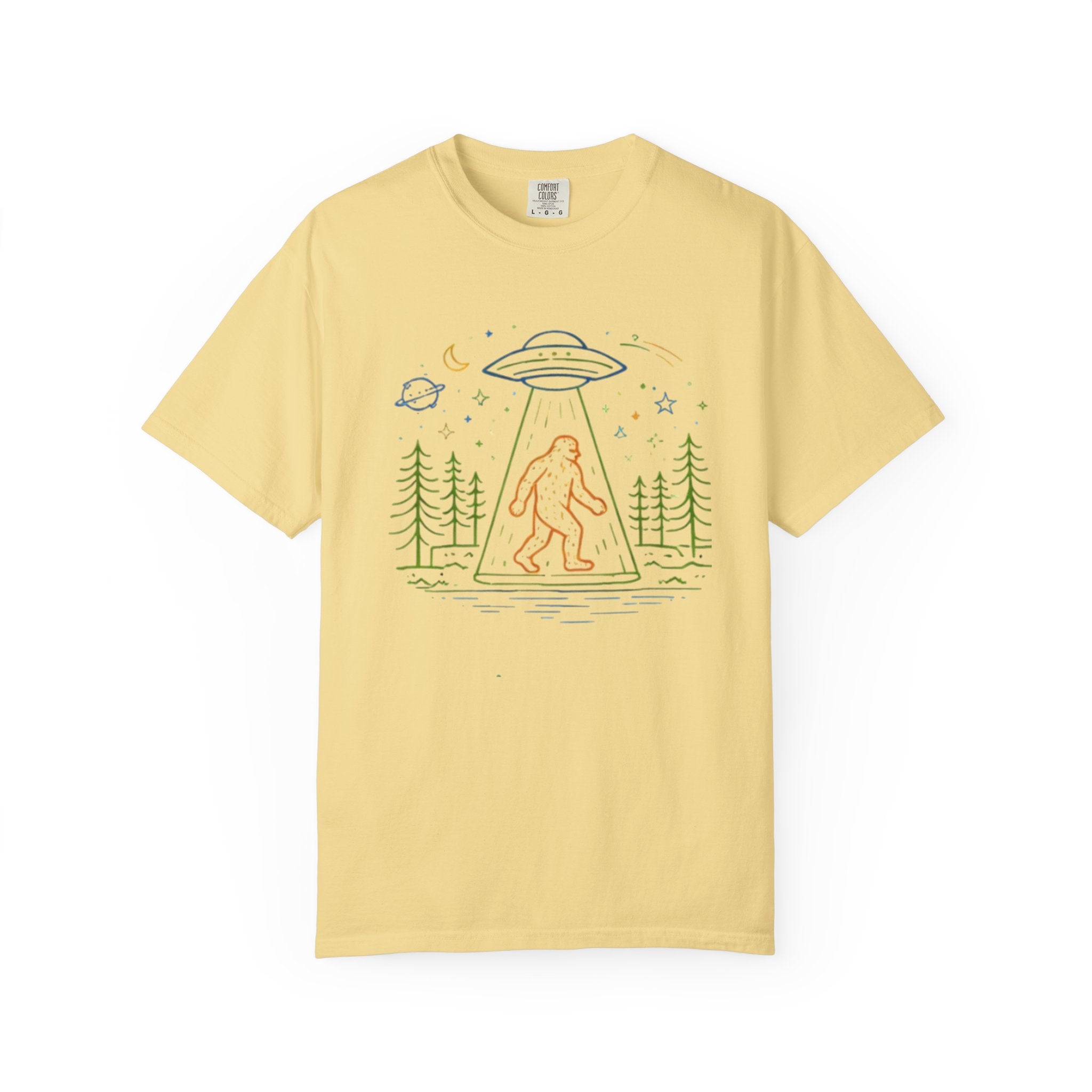 Bigfoot UFO Abduction T-Shirt | Retro Line Art Sasquatch Tee