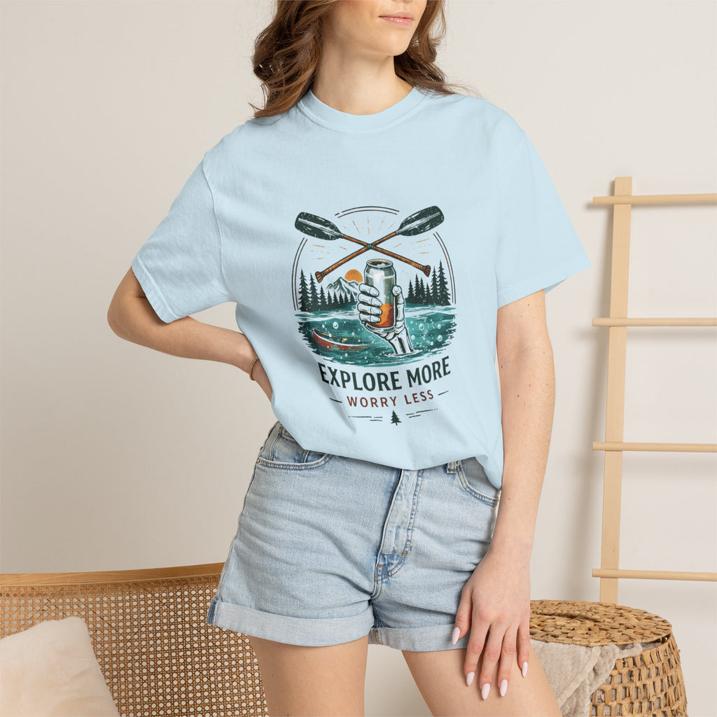 Explore More Worry Less T-Shirt | Outdoor Canoe Camping Adventure Tee