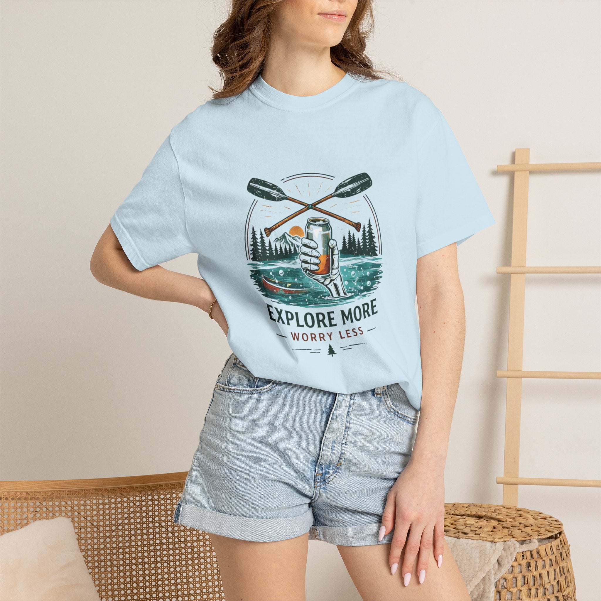 Explore More Worry Less T-Shirt | Outdoor Canoe Camping Adventure Tee